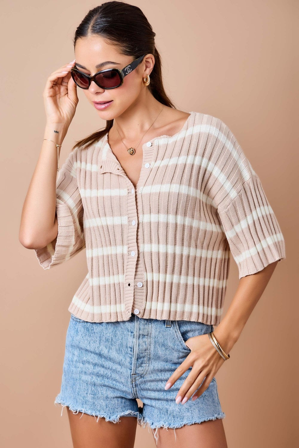 Striped Button Front Cropped Knit Top