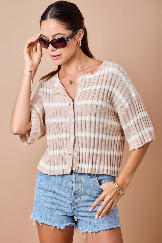 Striped Button Front Cropped Knit Top