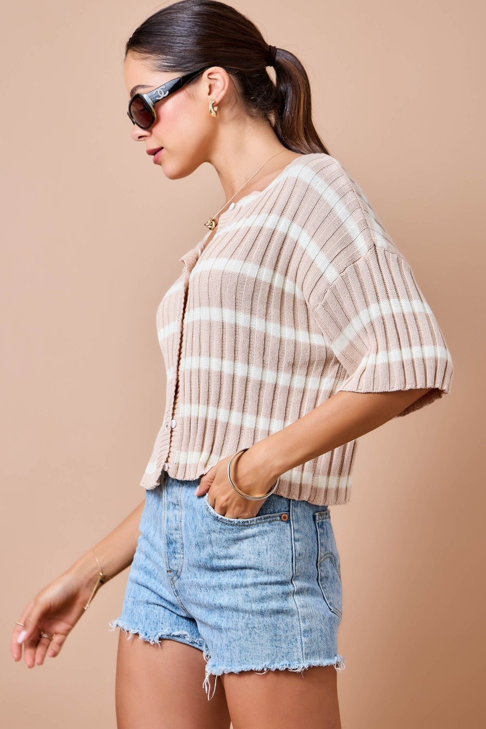 Striped Button Front Cropped Knit Top