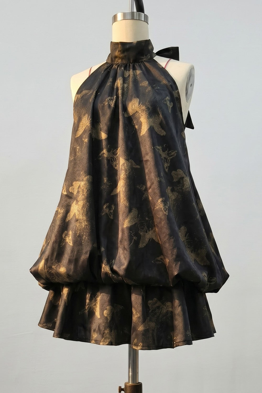 Halter Neck Butterfly Satin Bubble Mini Dress