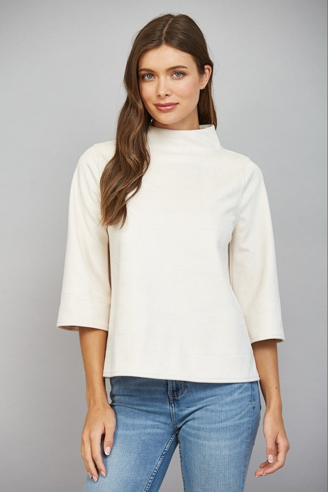 Mock Neck Faux Suede 3/4 Sleeve Top