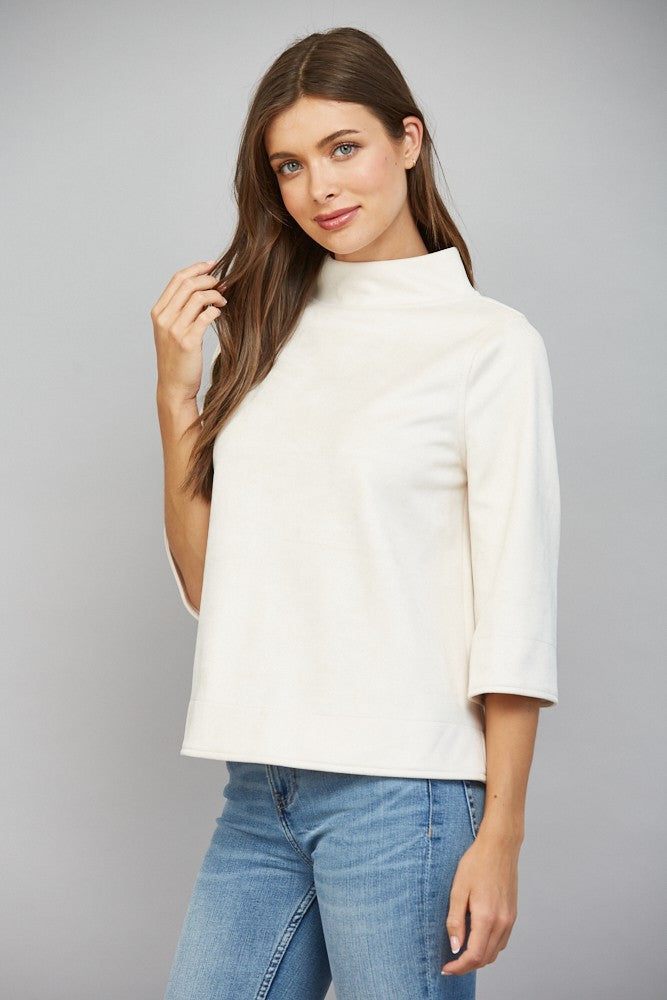 Mock Neck Faux Suede 3/4 Sleeve Top