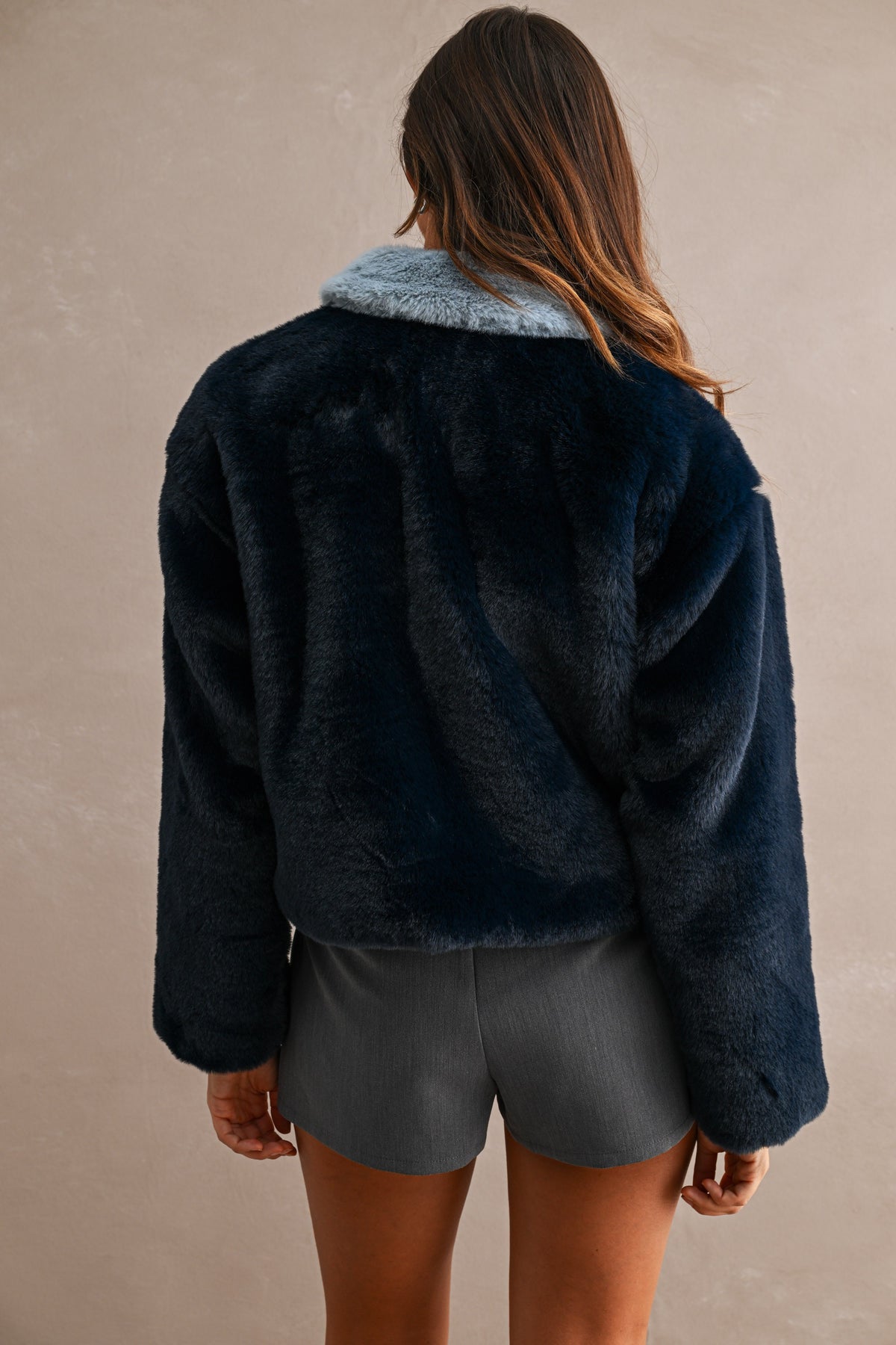 Faux Fur Contrast Collar Cropped Jacket