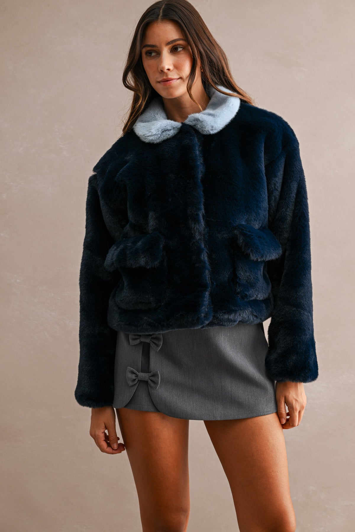 Faux Fur Contrast Collar Cropped Jacket