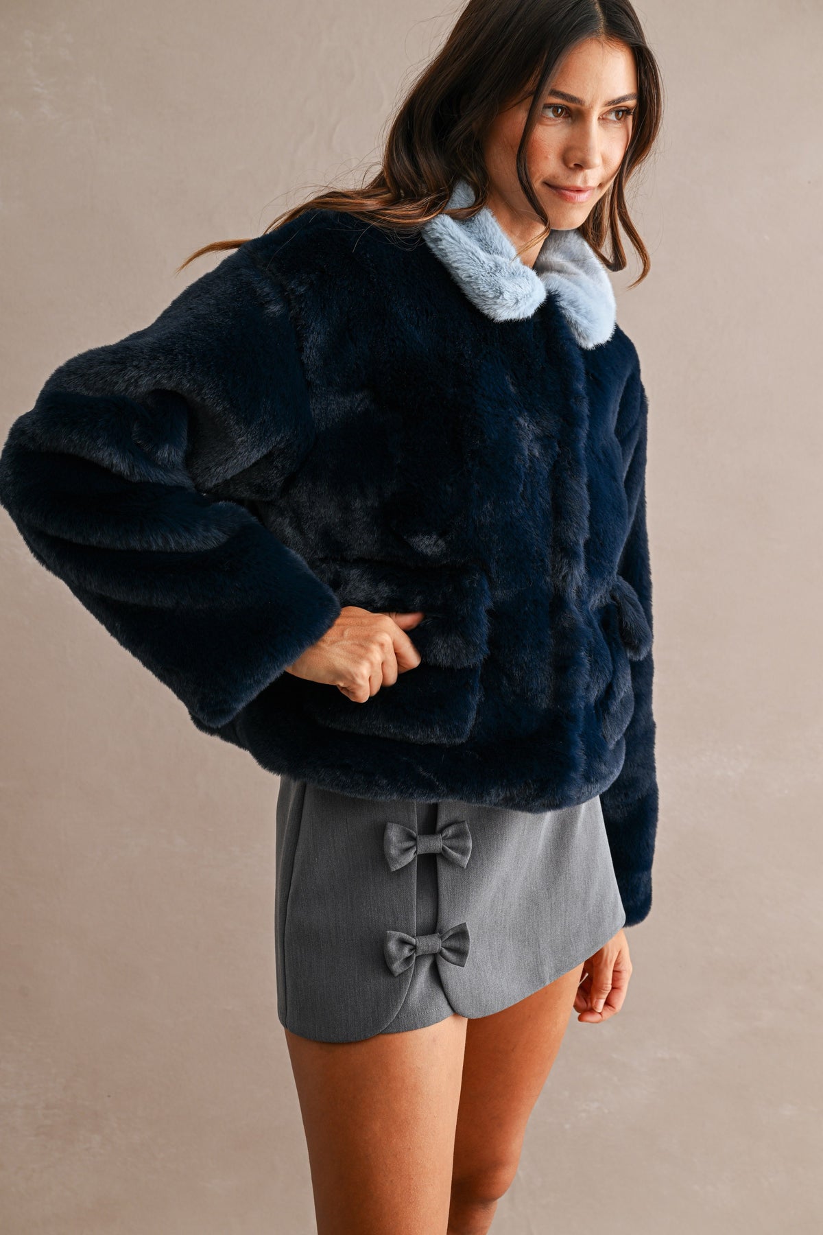 Faux Fur Contrast Collar Cropped Jacket