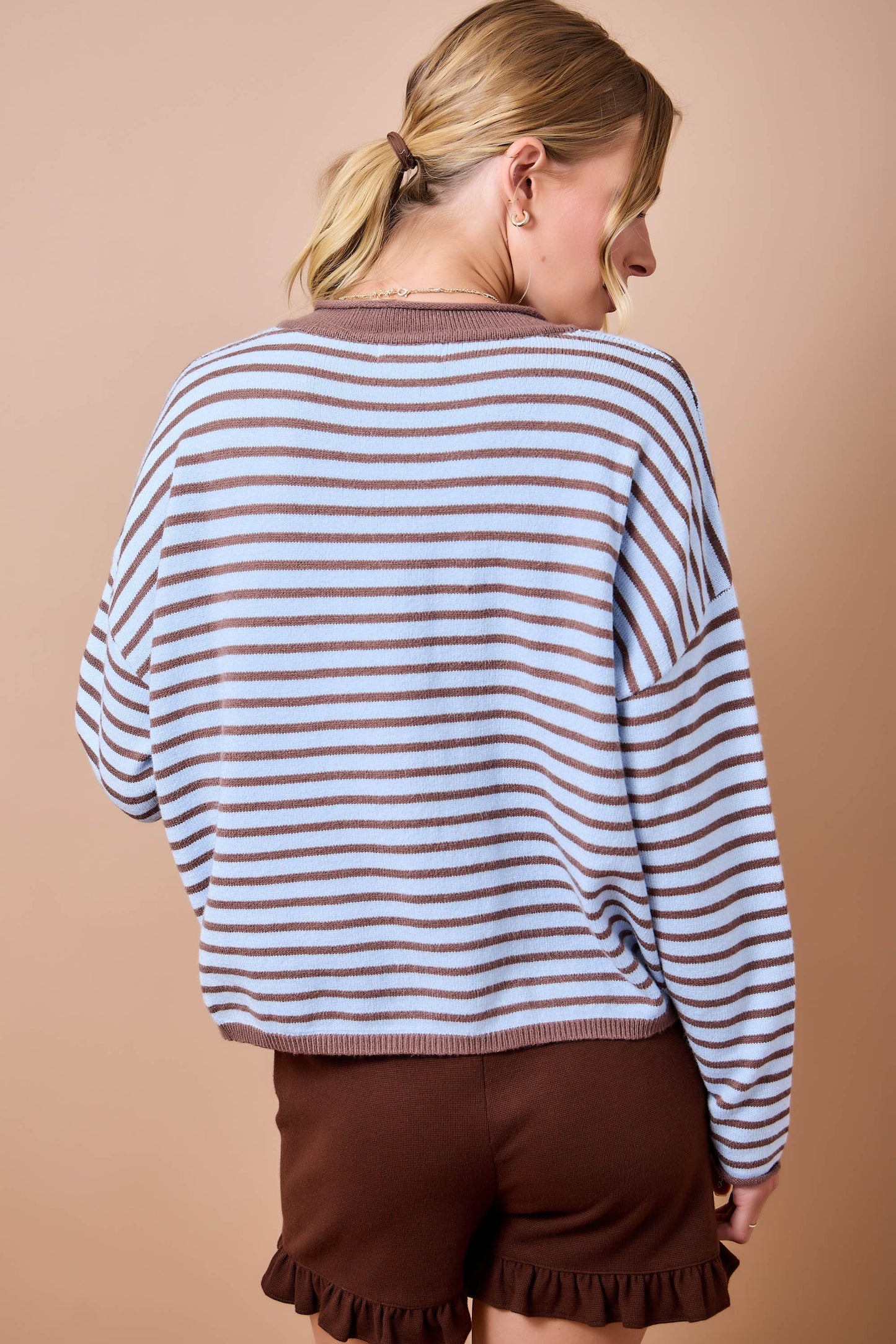 Striped Henley Neck Knit Sweater Top
