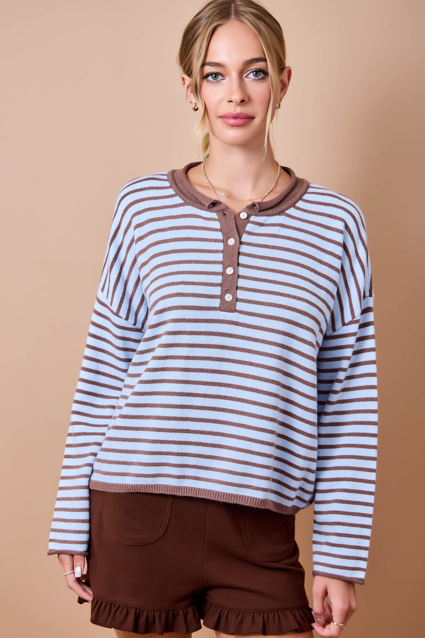Striped Henley Neck Knit Sweater Top