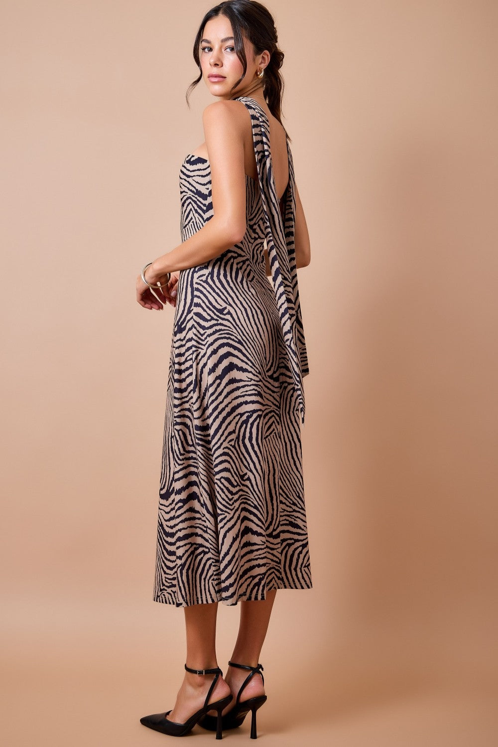 Tiger Print Strapless Midi Dress With Scarf