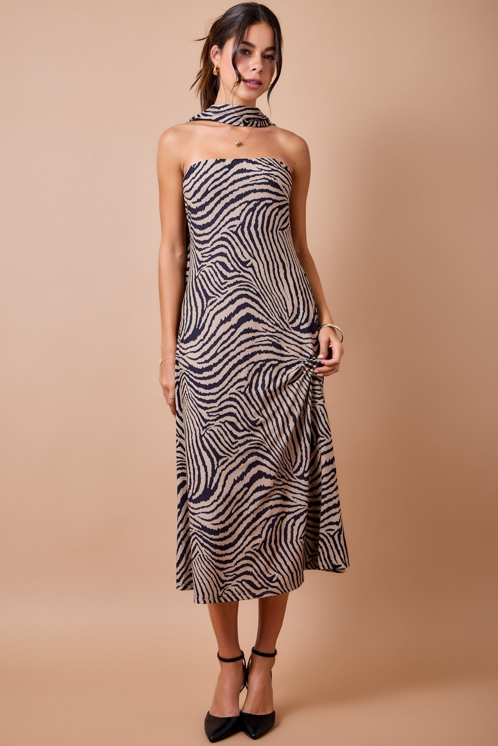 Tiger Print Strapless Midi Dress With Scarf