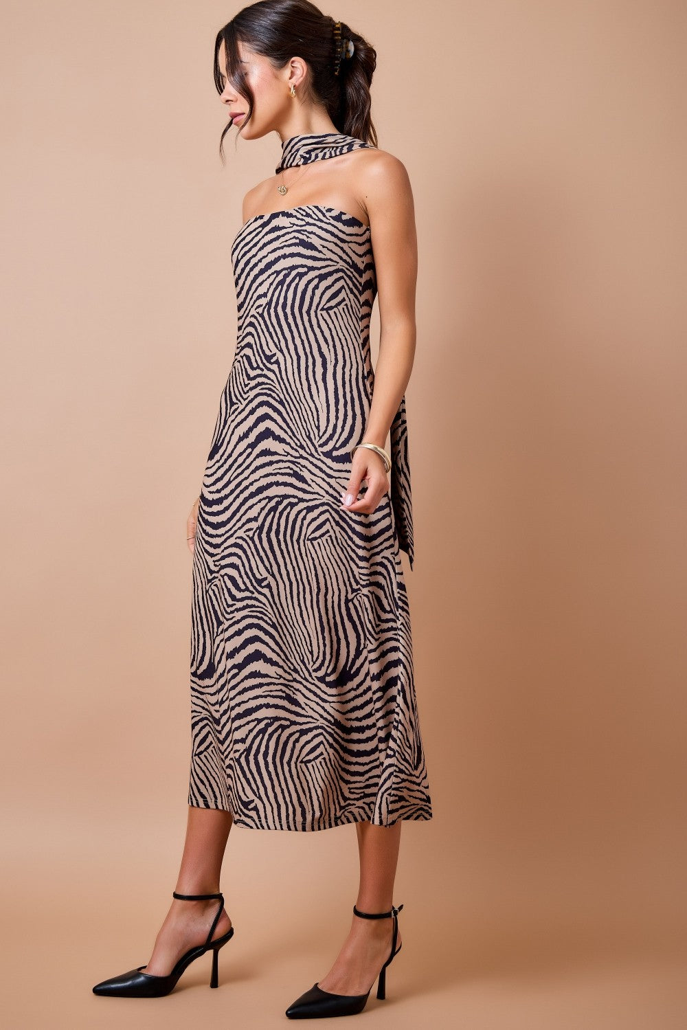 Tiger Print Strapless Midi Dress With Scarf