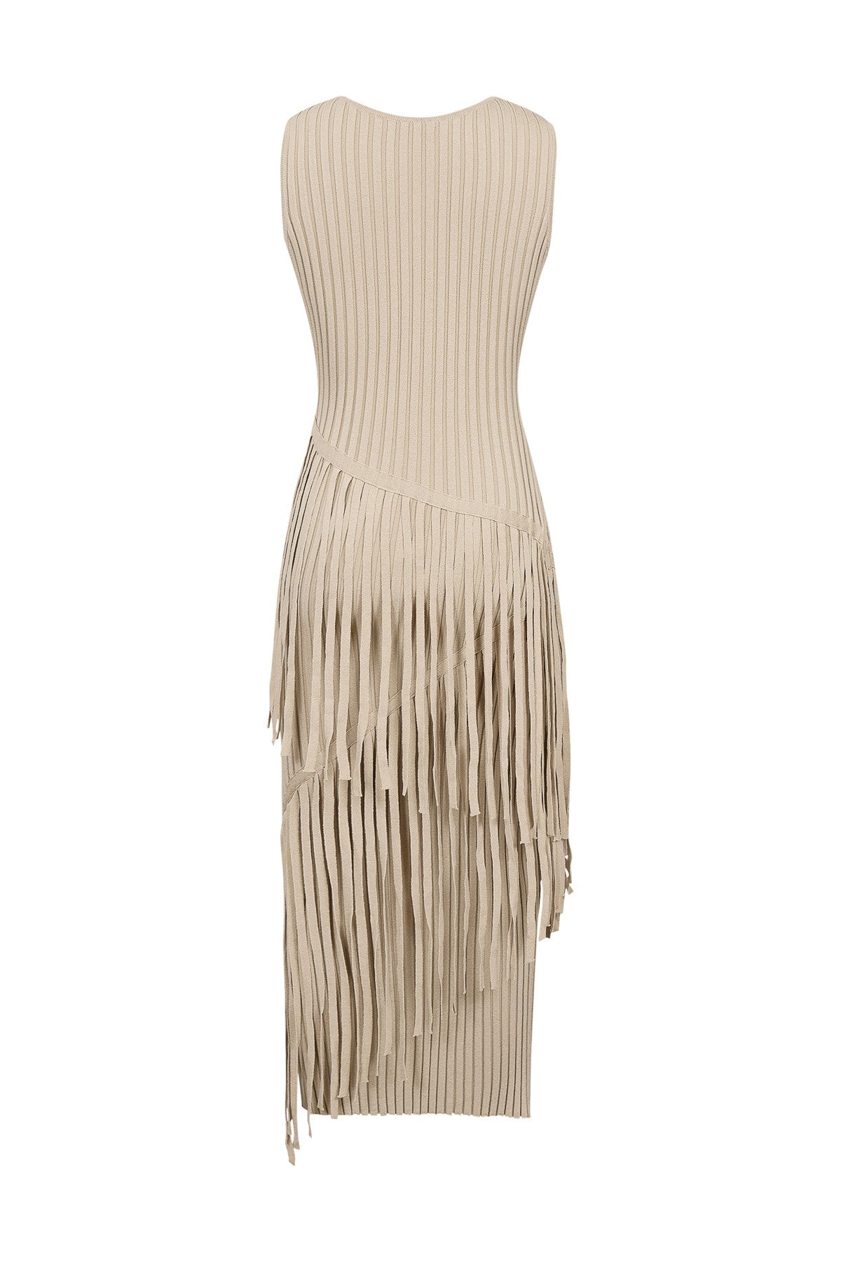 Sleeveless Rib Knit Midi Fringe Dress