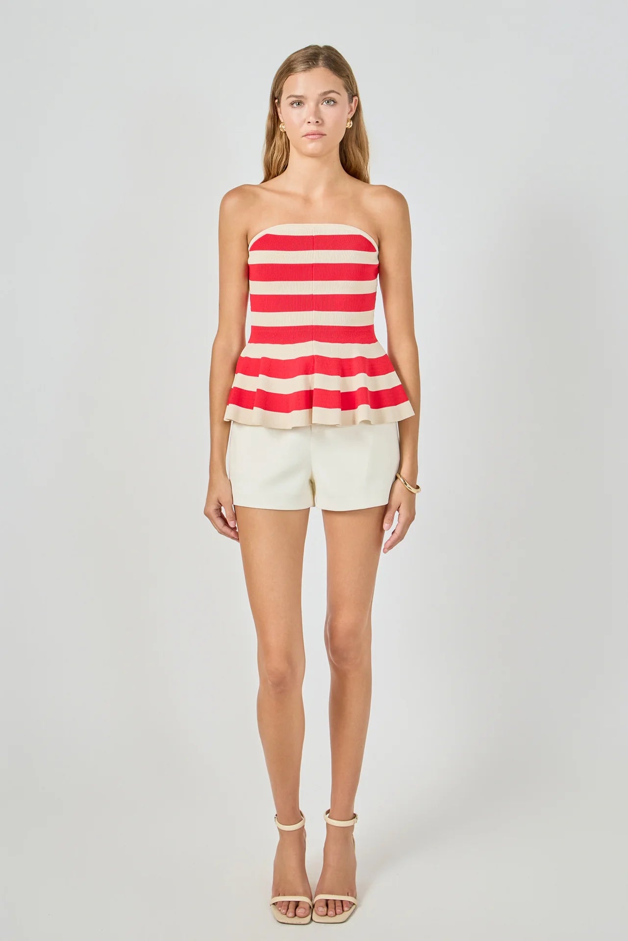 Striped Strapless Knit Peplum Tops