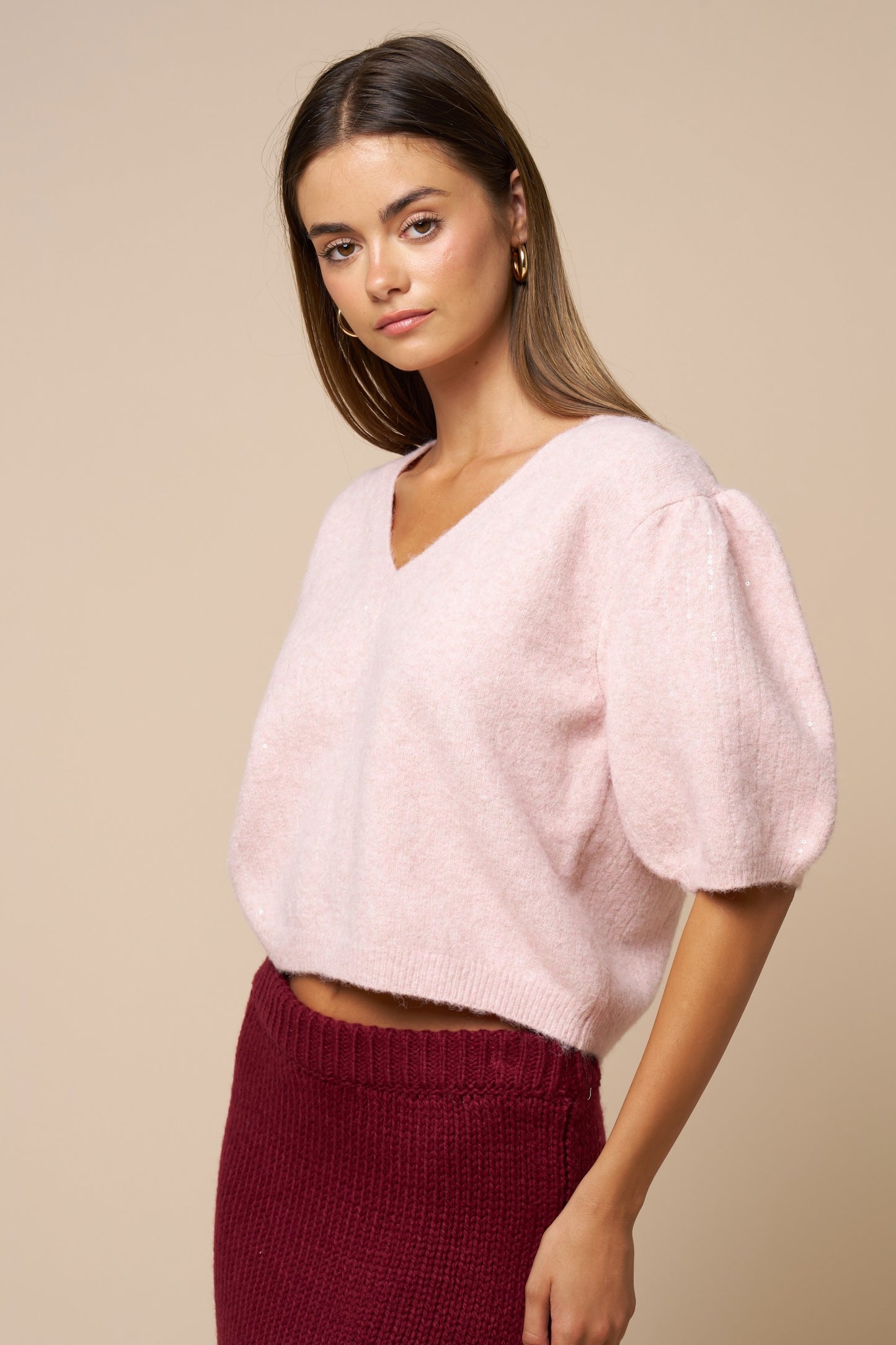Sequin Puff Sleeve Cropped Sweater