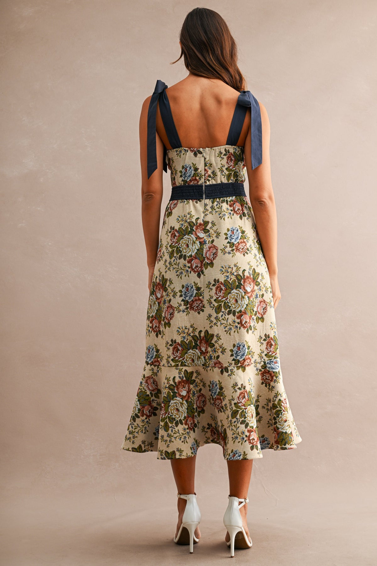 Shoulder Bow Tapestry Fabric Midi Dress