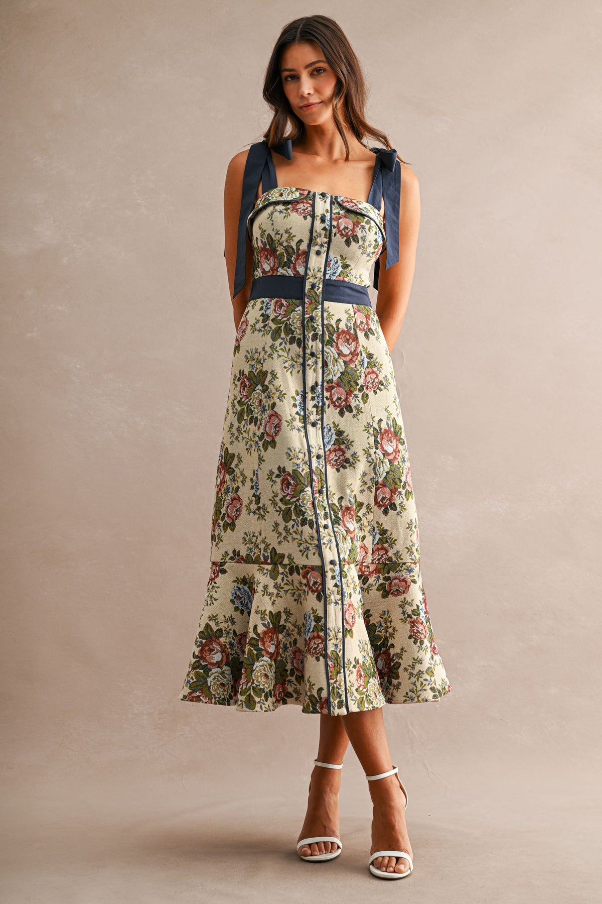 Shoulder Bow Tapestry Fabric Midi Dress