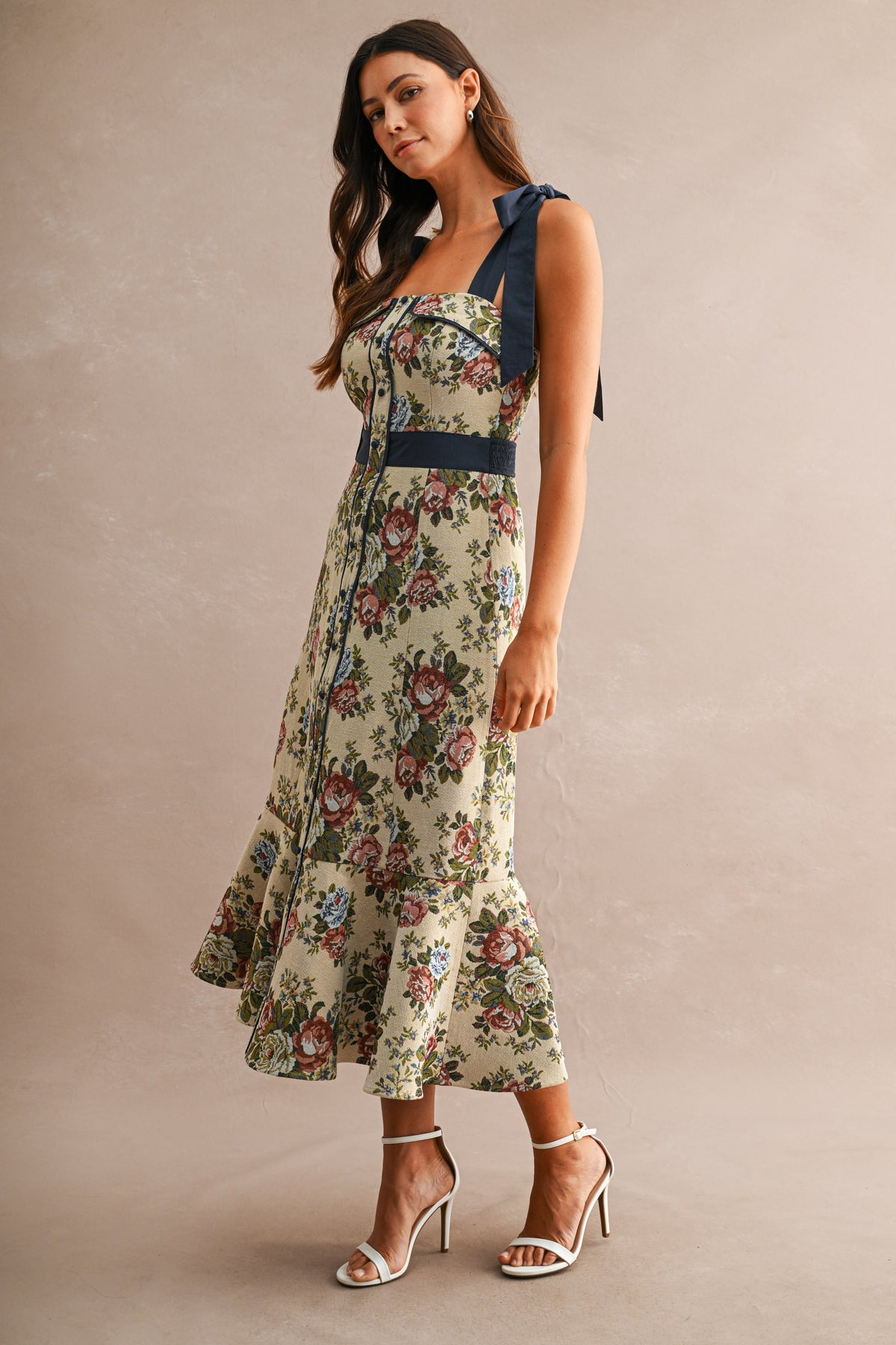 Shoulder Bow Tapestry Fabric Midi Dress