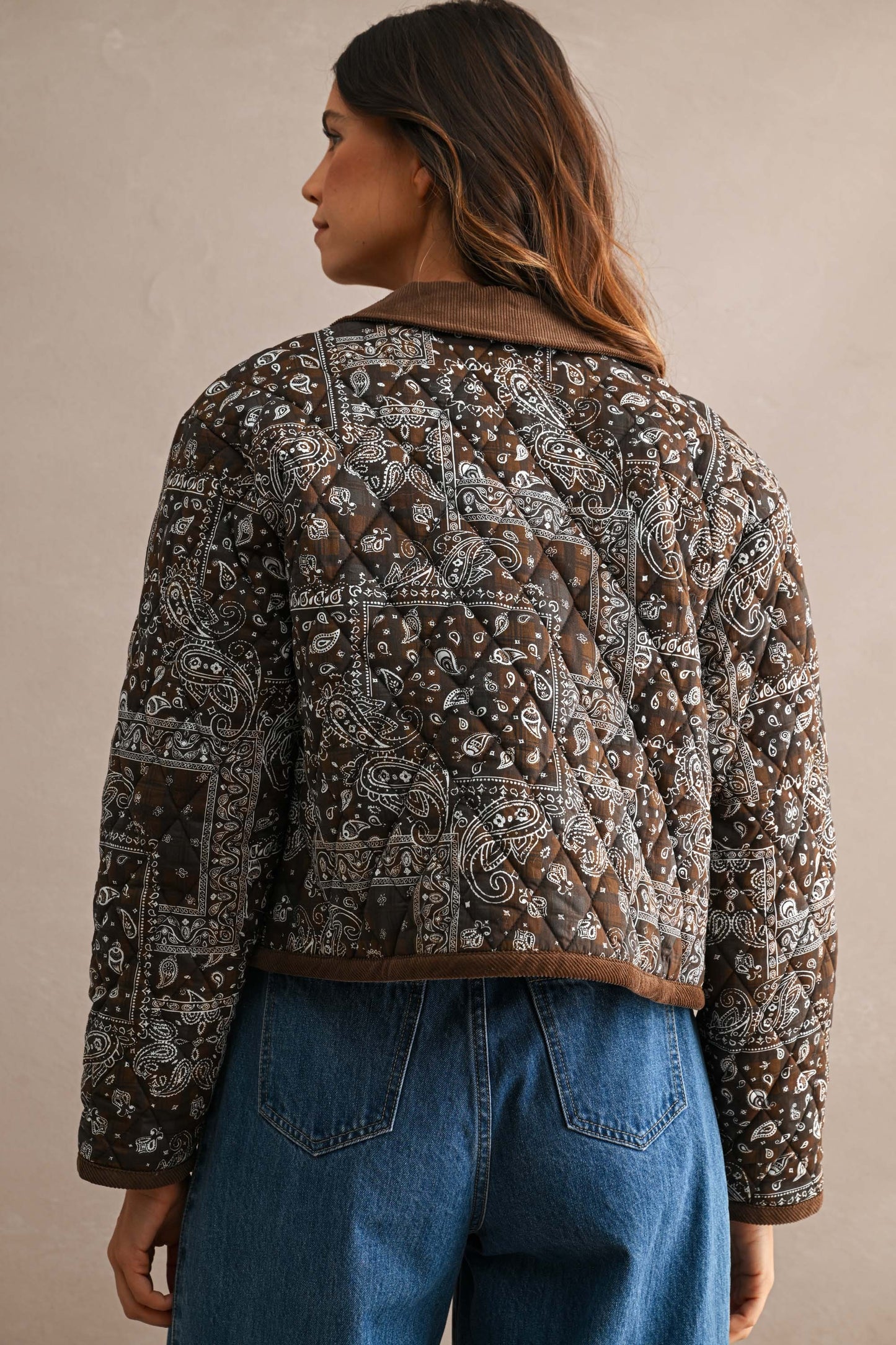 Quilted Paisley Corduroy Trim Collar Jacket