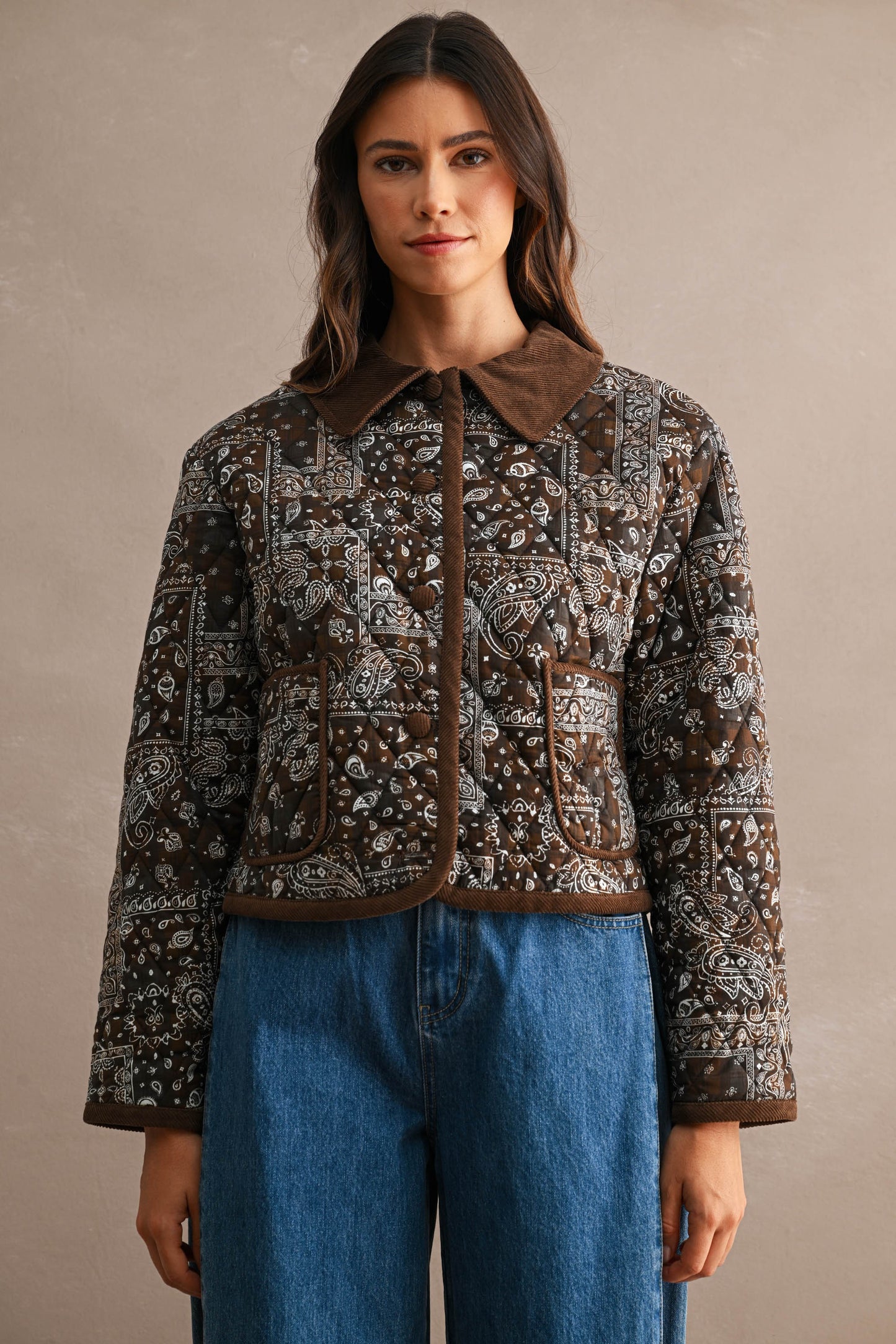 Quilted Paisley Corduroy Trim Collar Jacket