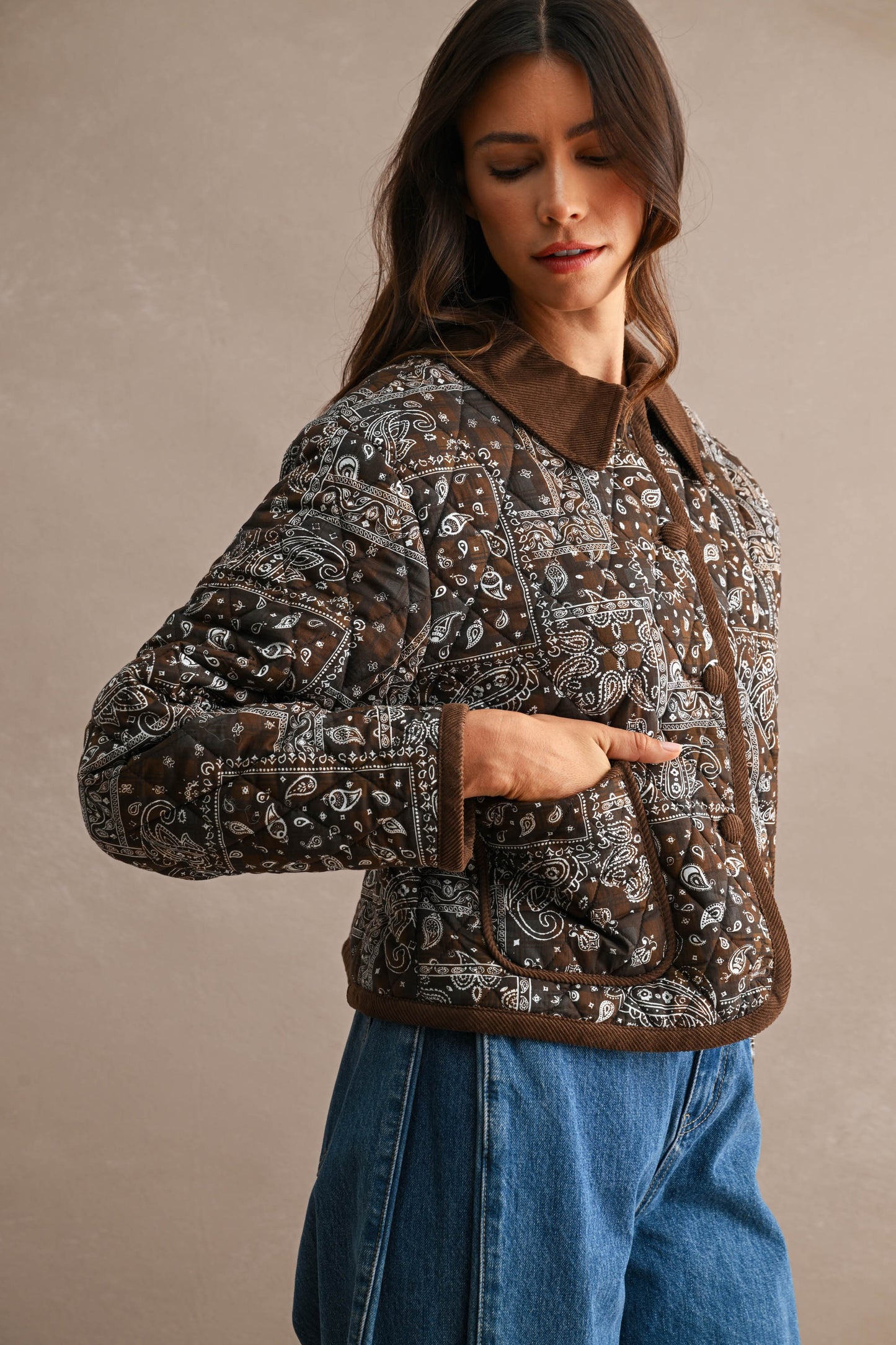Quilted Paisley Corduroy Trim Collar Jacket