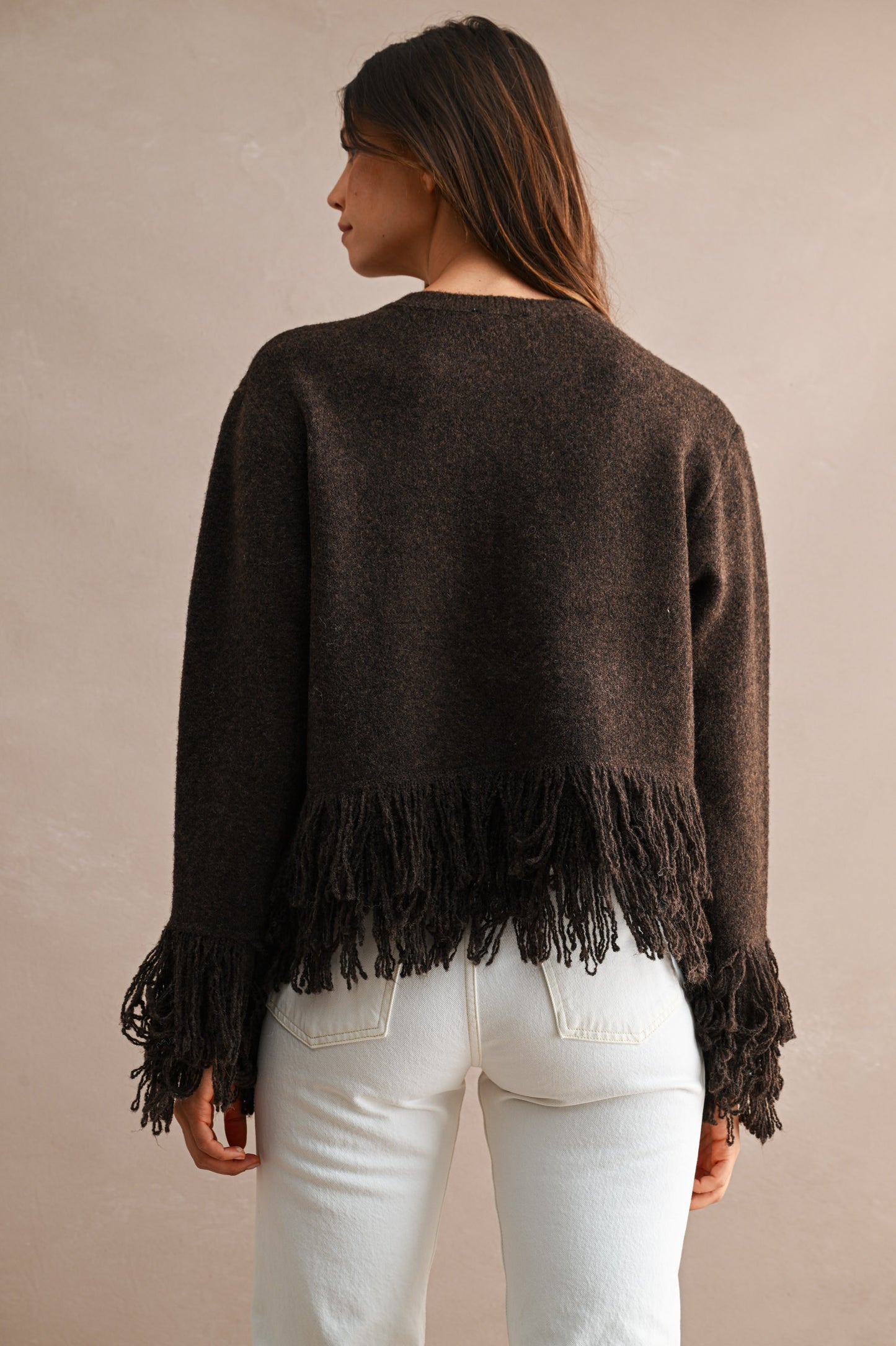 Single Button Fringe Trim Cardigan