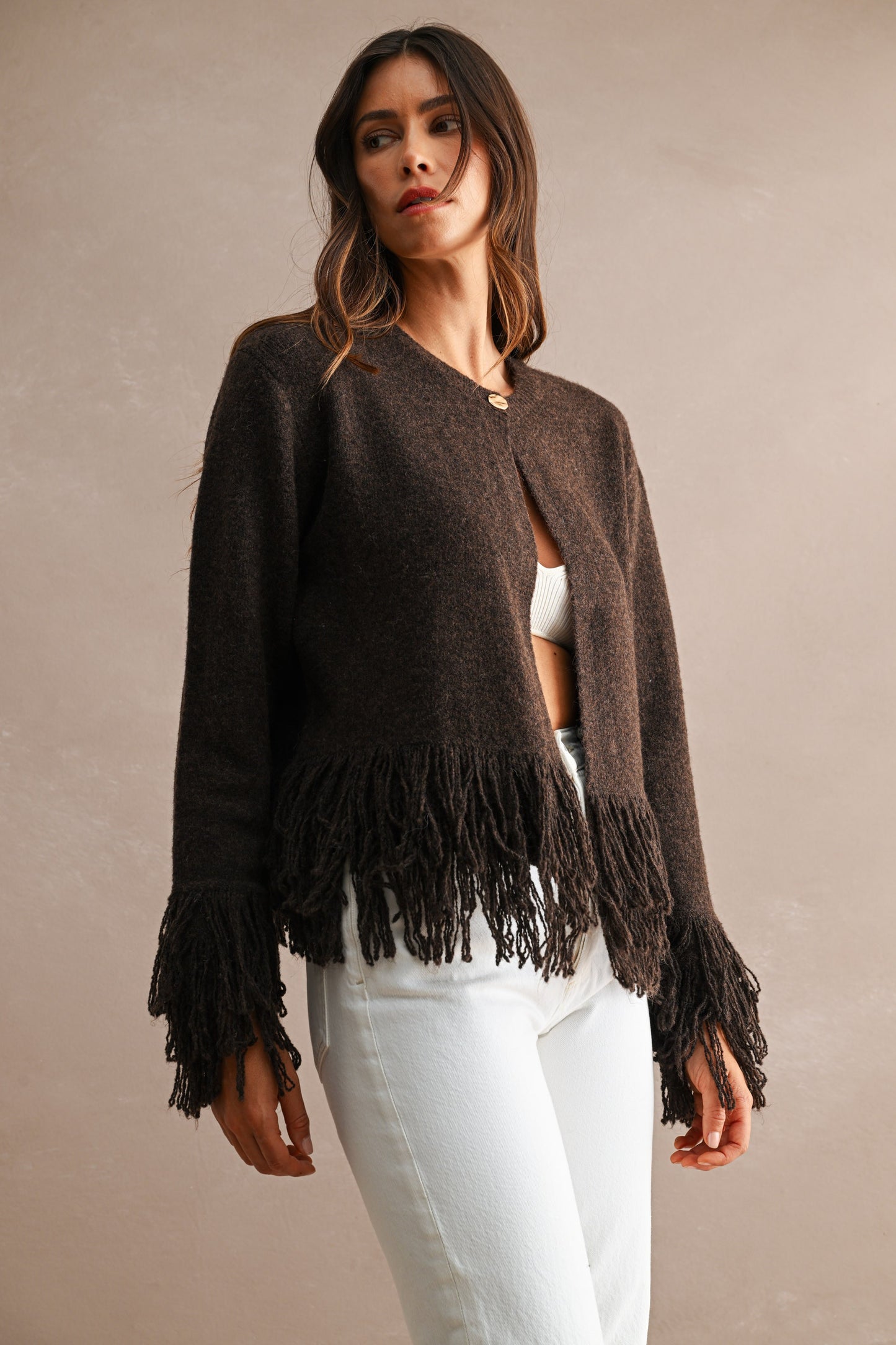 Single Button Fringe Trim Cardigan