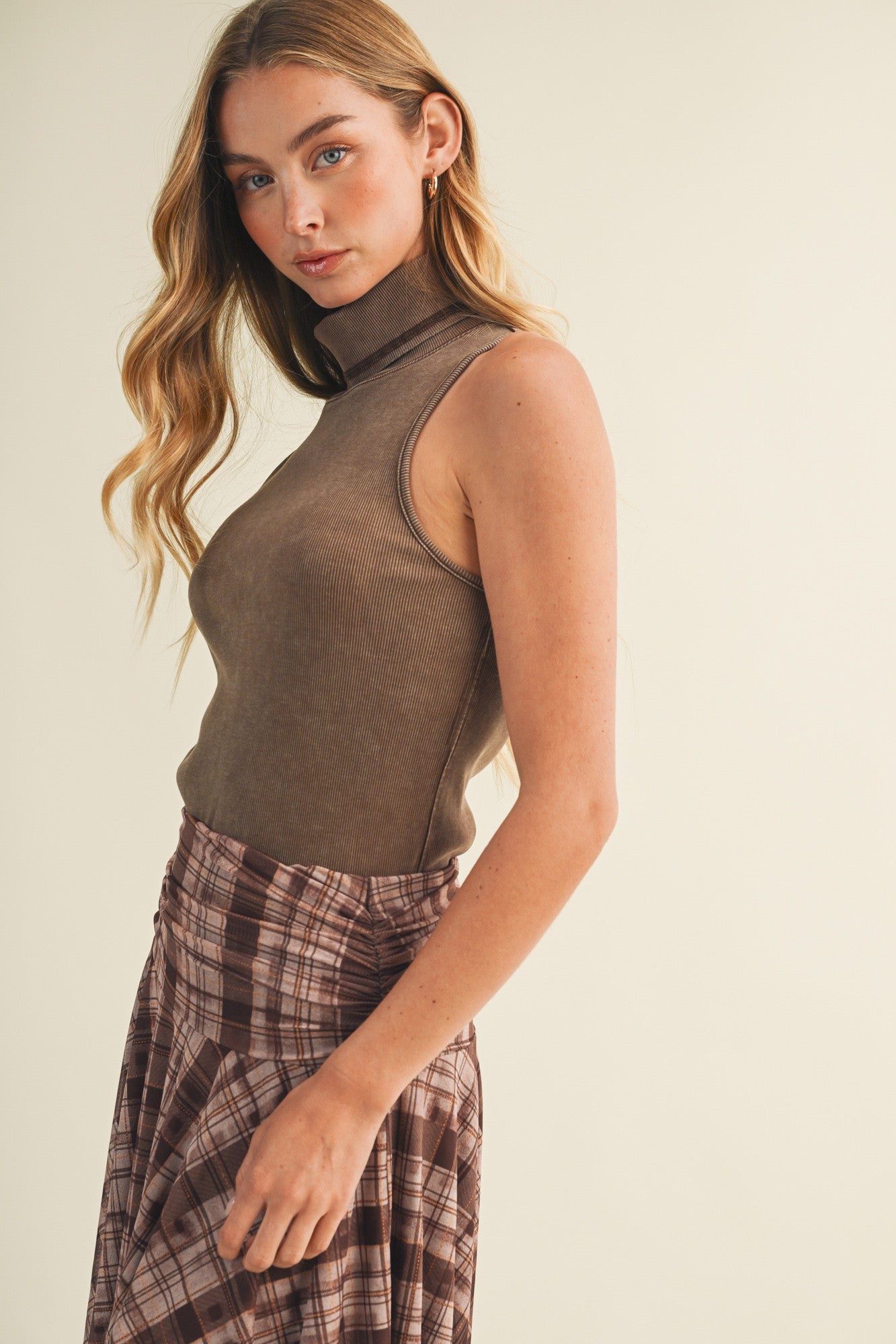 Mineral Washed Ribbed Knit Turtleneck Top