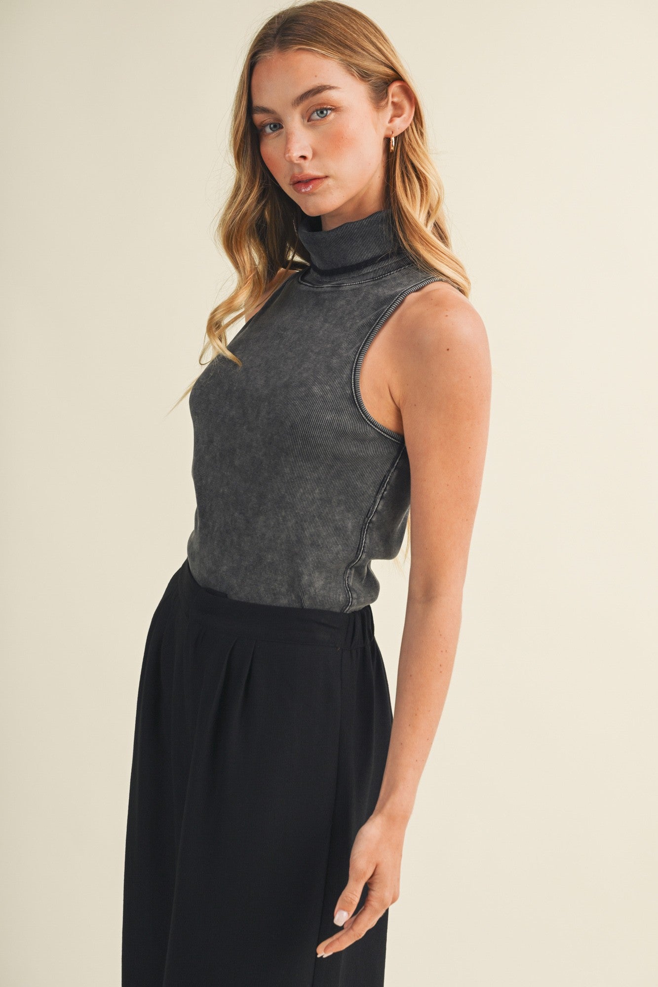 Mineral Washed Ribbed Knit Turtleneck Top