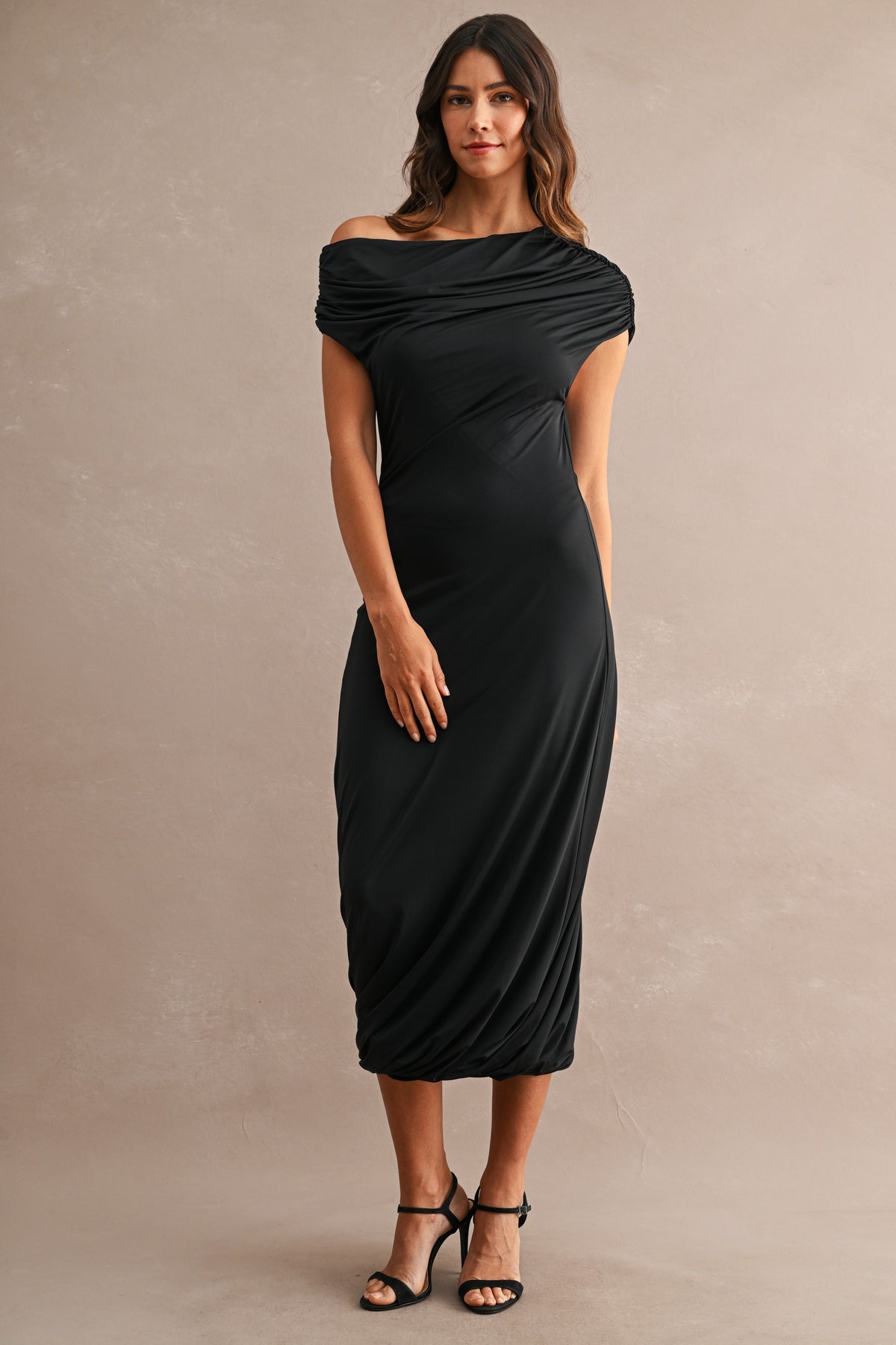Asymmetric One Shoulder Gathered Draped Midi Dress
