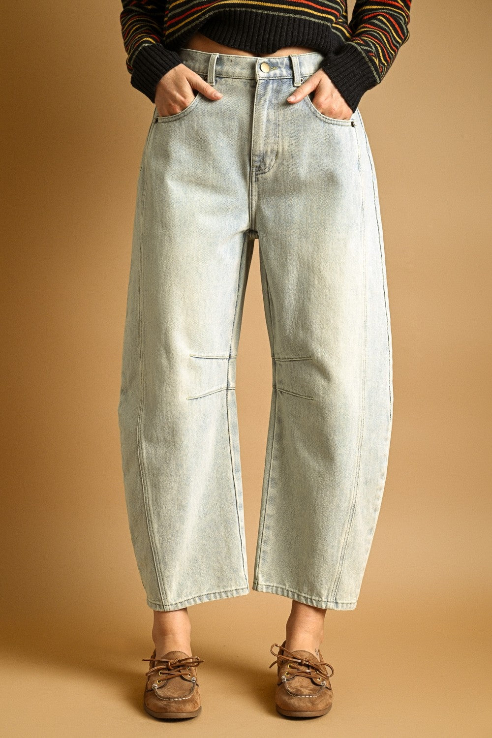Washed Denim Barrel Pants