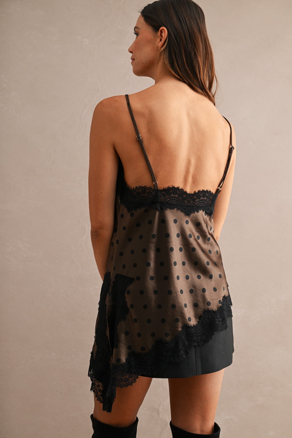 Polka Dot Asymmetric Satin Cami Top With Lace Trim