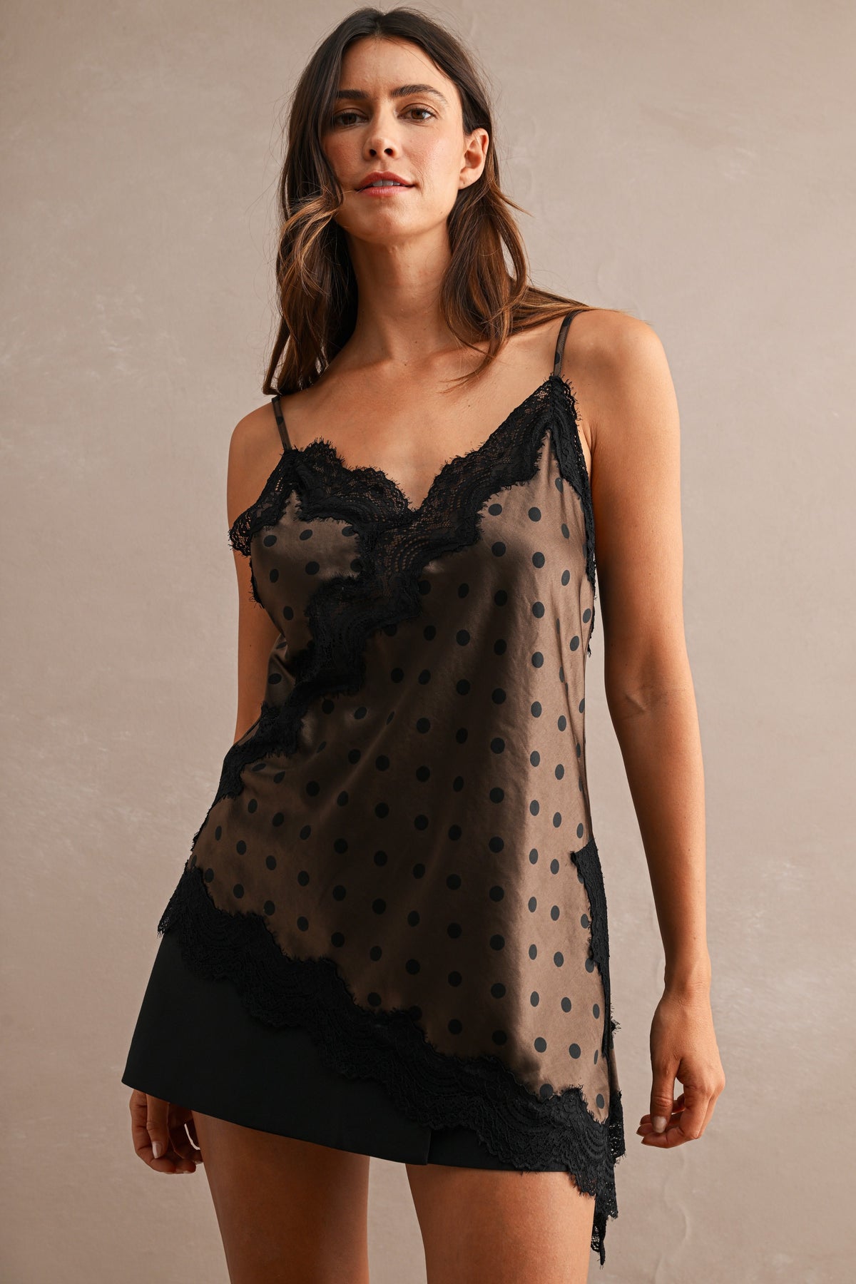 Polka Dot Asymmetric Satin Cami Top With Lace Trim