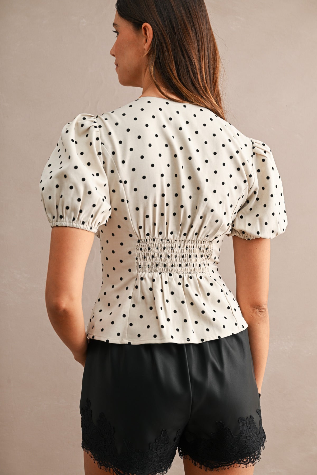 Polka Dot Puff Sleeve Hook And Eye Blouse