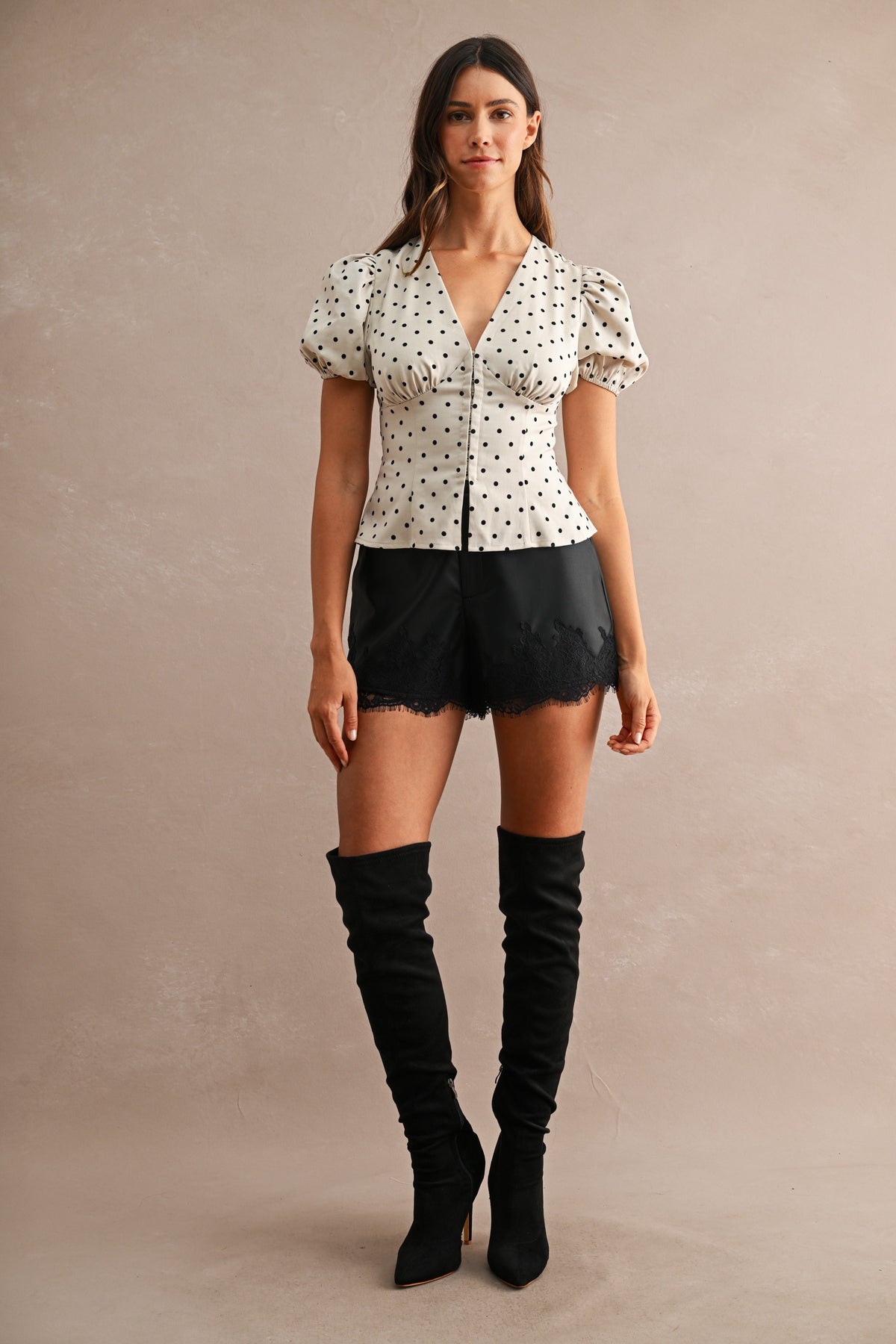 Polka Dot Puff Sleeve Hook And Eye Blouse