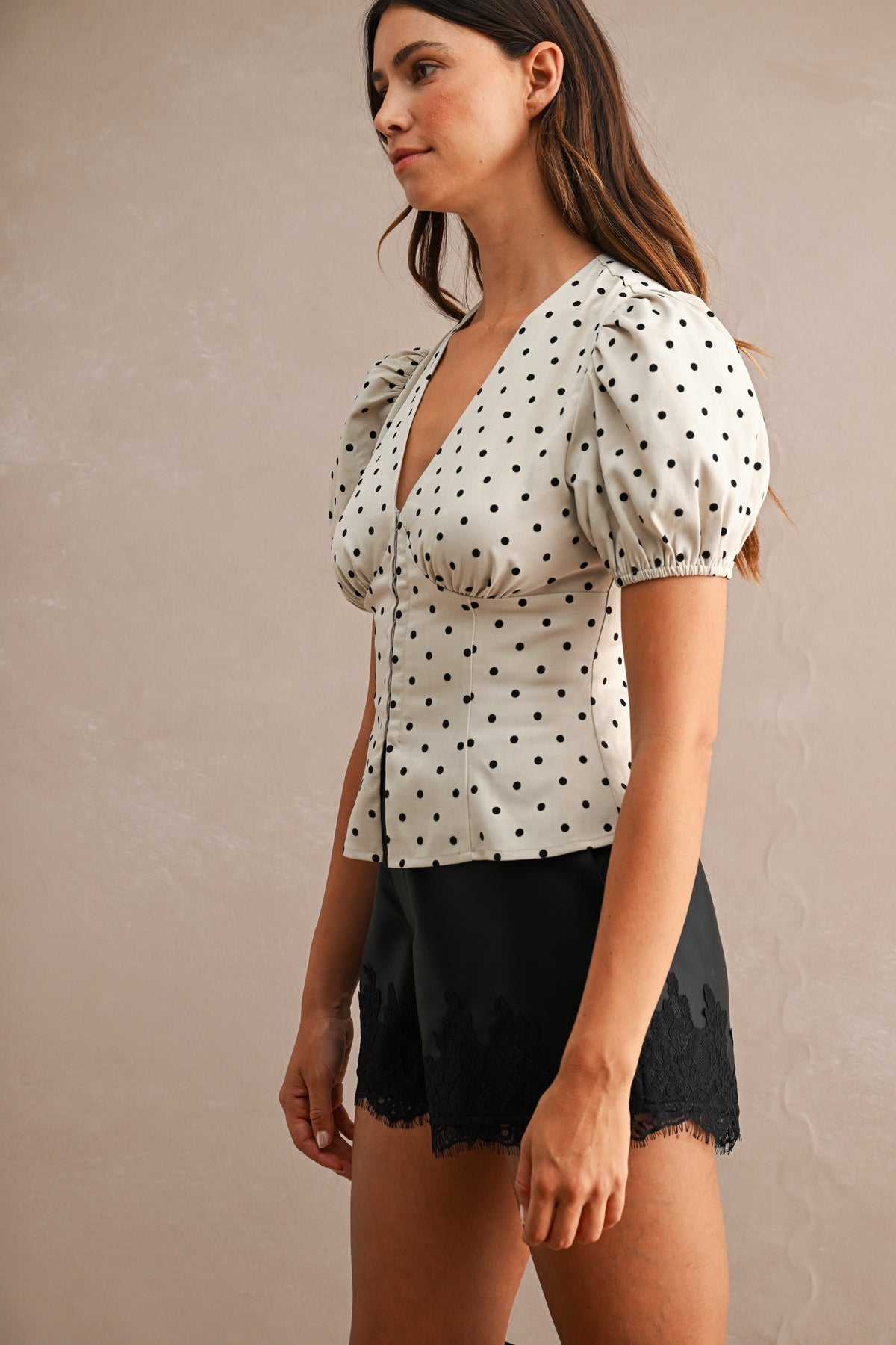 Polka Dot Puff Sleeve Hook And Eye Blouse