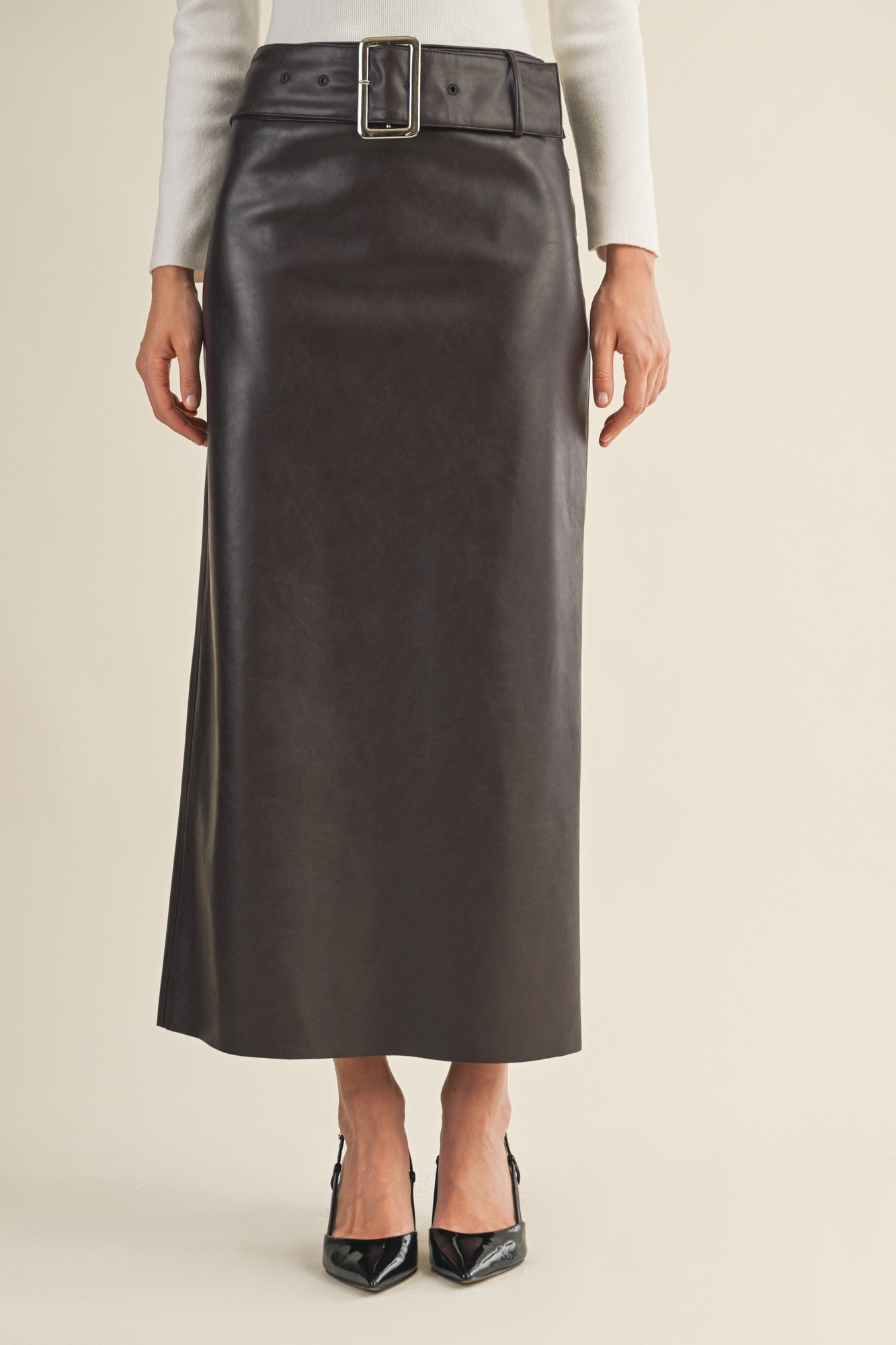 Wide Belted Faux Leather Maxi Skirt
