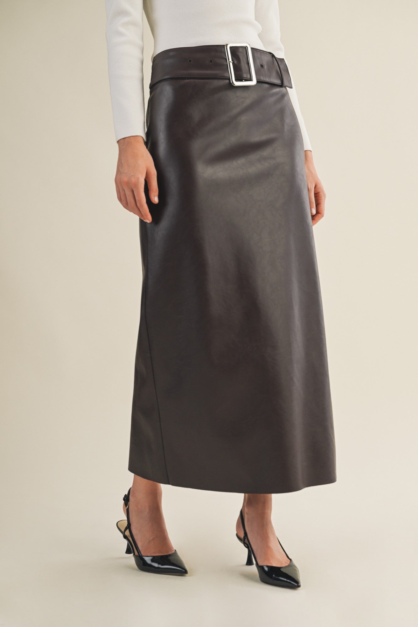 Wide Belted Faux Leather Maxi Skirt
