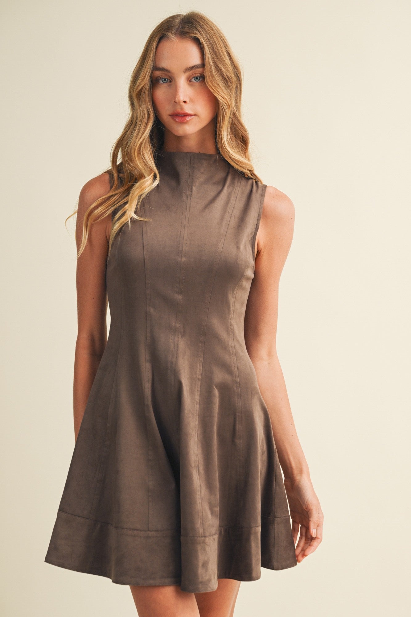 Mock-neck Suede A-line Dress