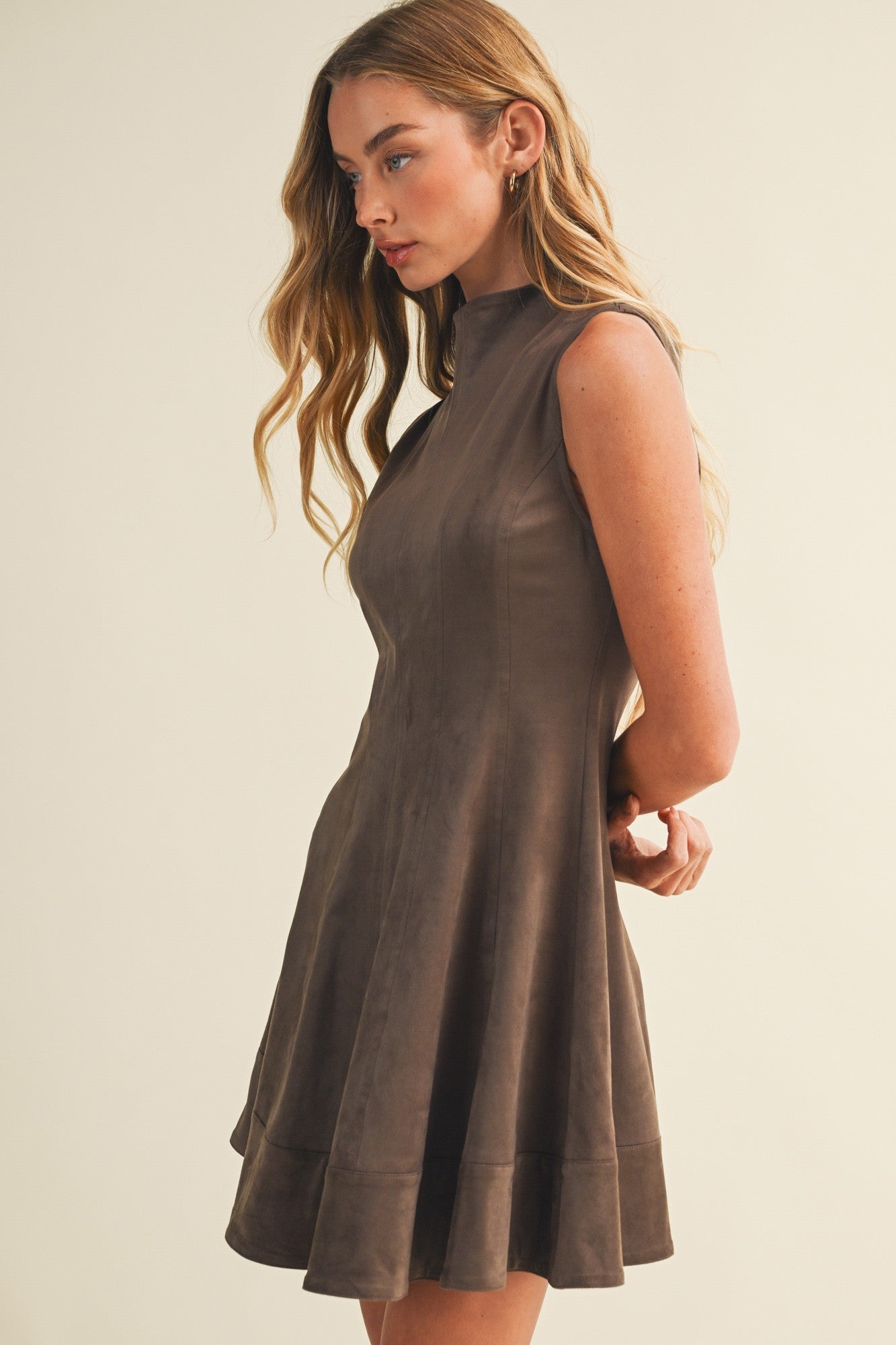 Mock-neck Suede A-line Dress