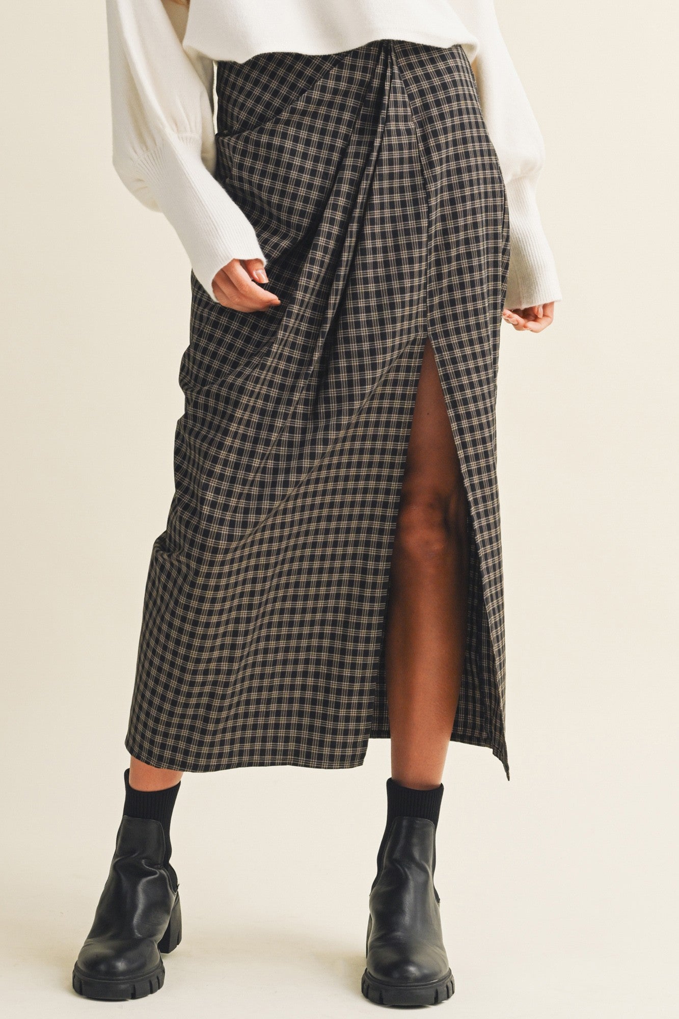 Asymmetric Drape High-slit Midi Skirt