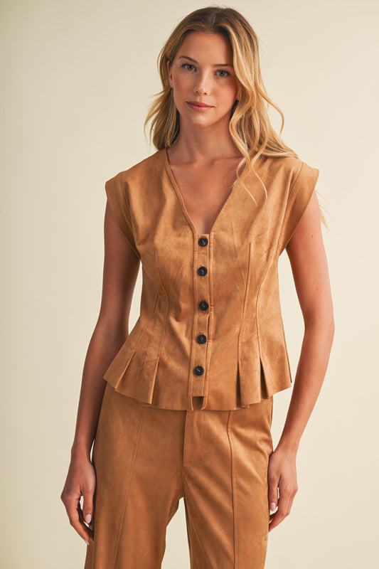 Faux Suede Pleated Peplum Top