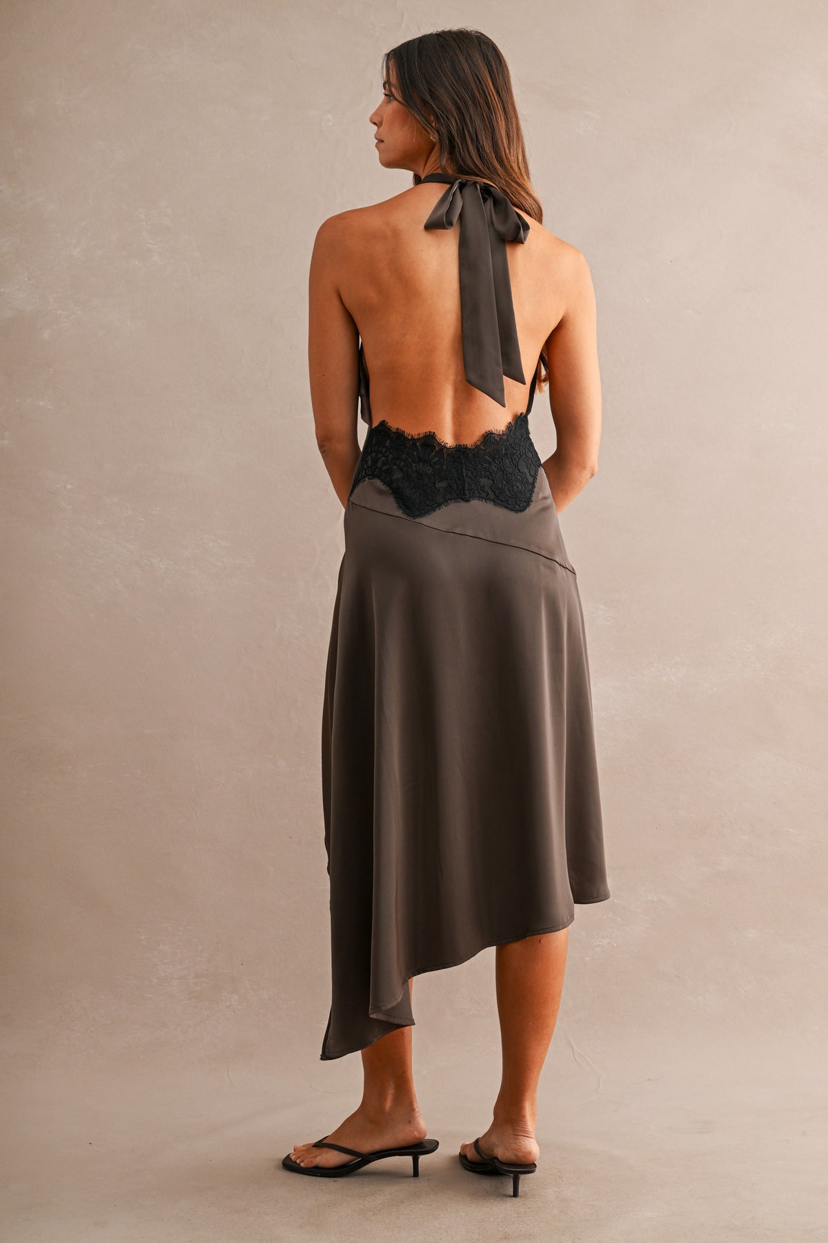Satin Halter Neck Open Back Asymmetric Midi Dress