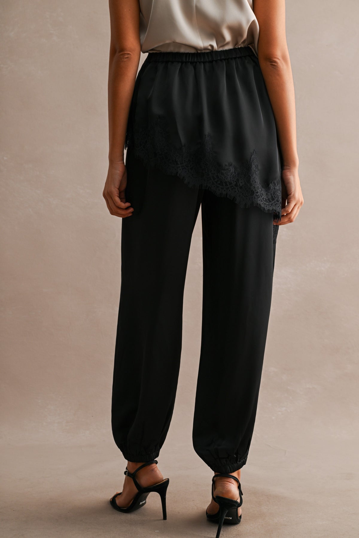 Satin Asymmetric Lace Trim Layered Jogger Pants