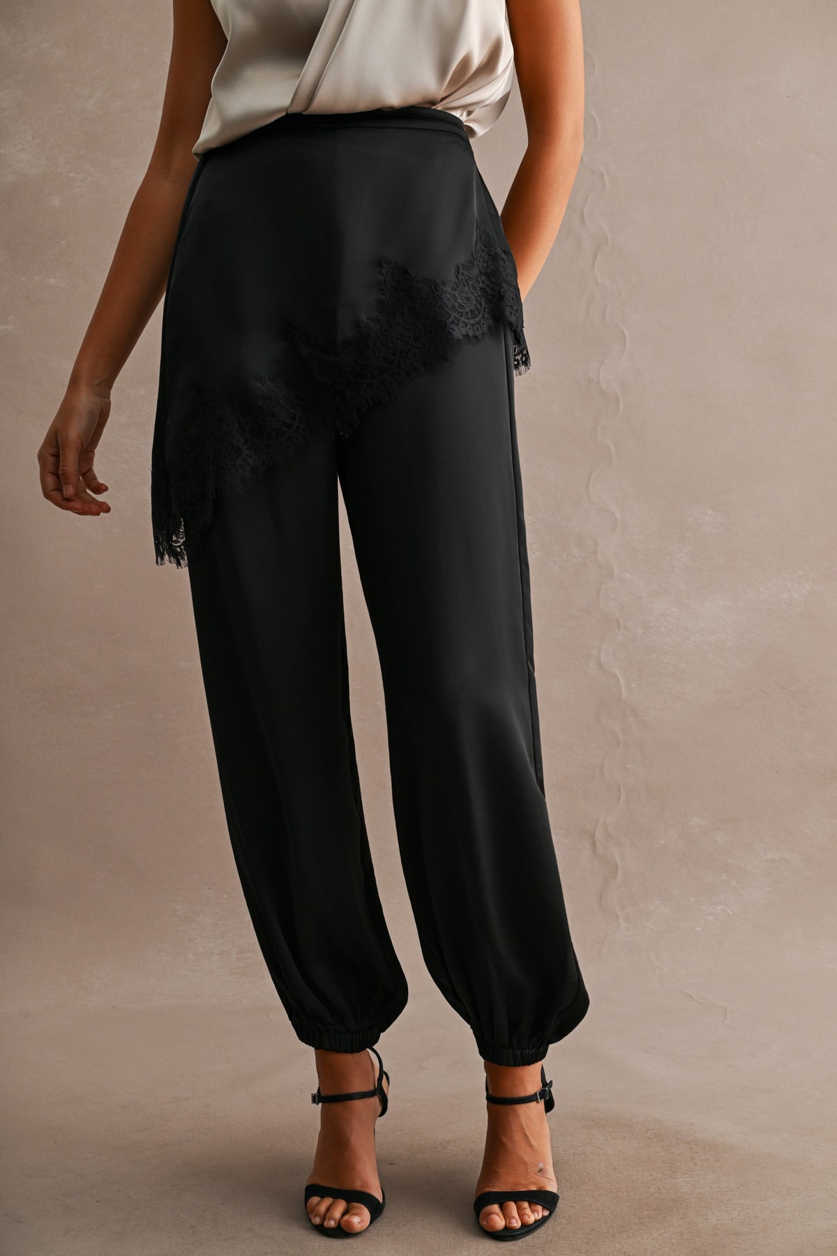 Satin Asymmetric Lace Trim Layered Jogger Pants