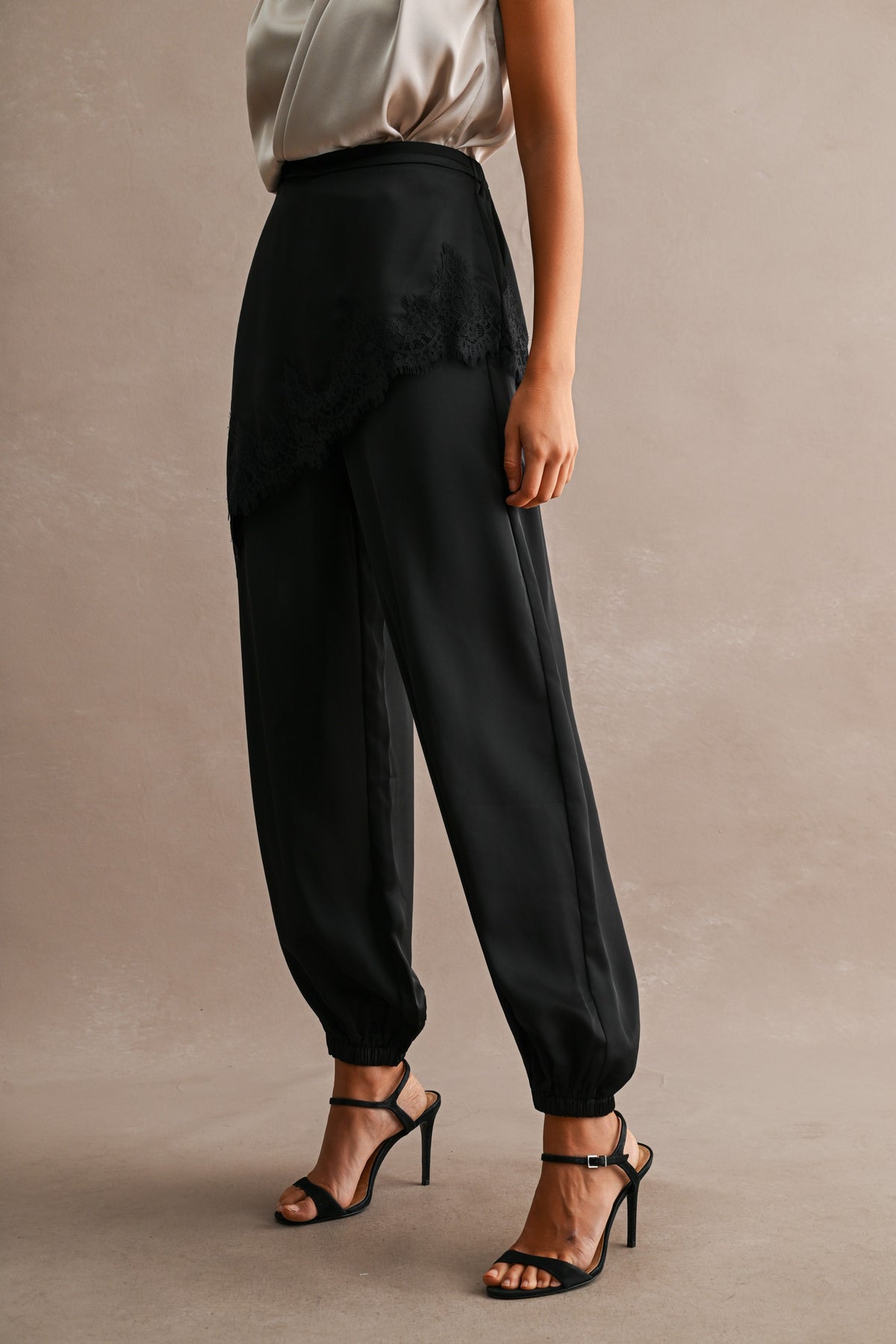 Satin Asymmetric Lace Trim Layered Jogger Pants