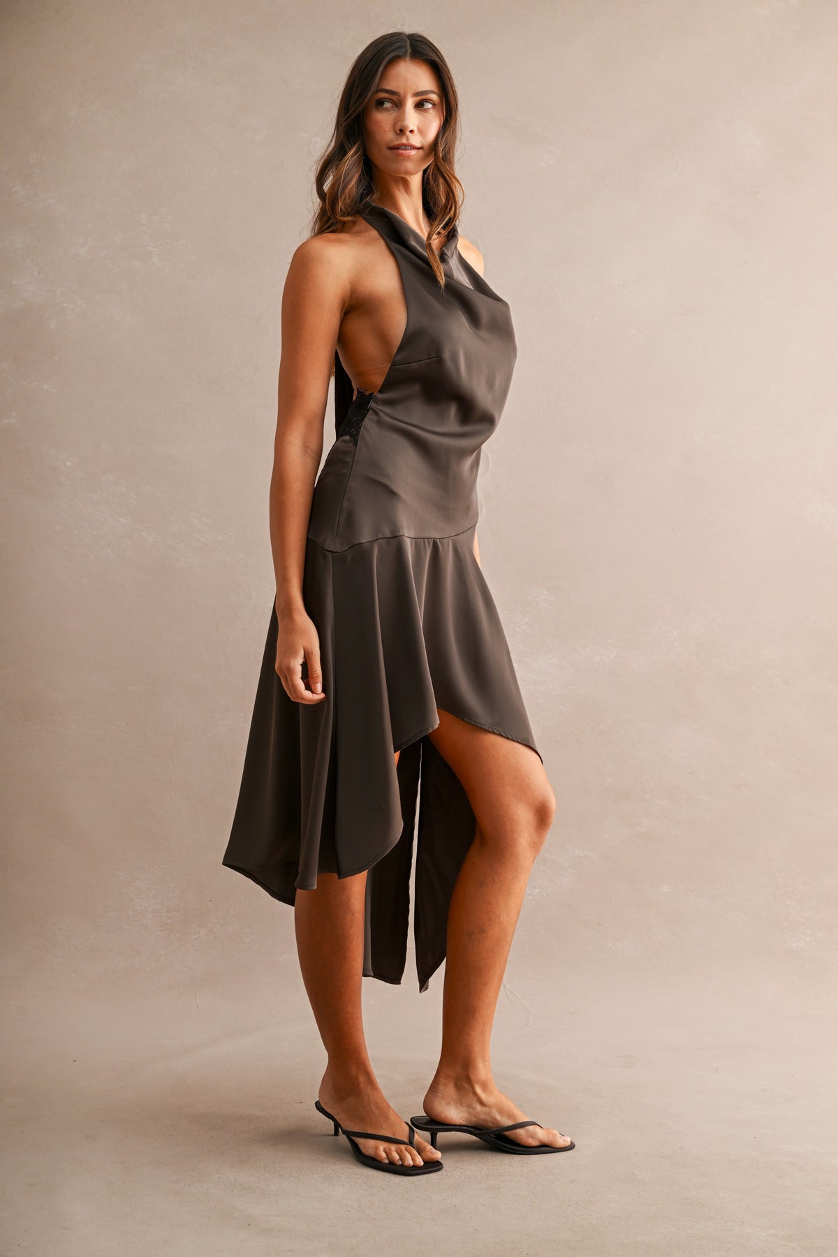 Satin Halter Neck Open Back Asymmetric Midi Dress