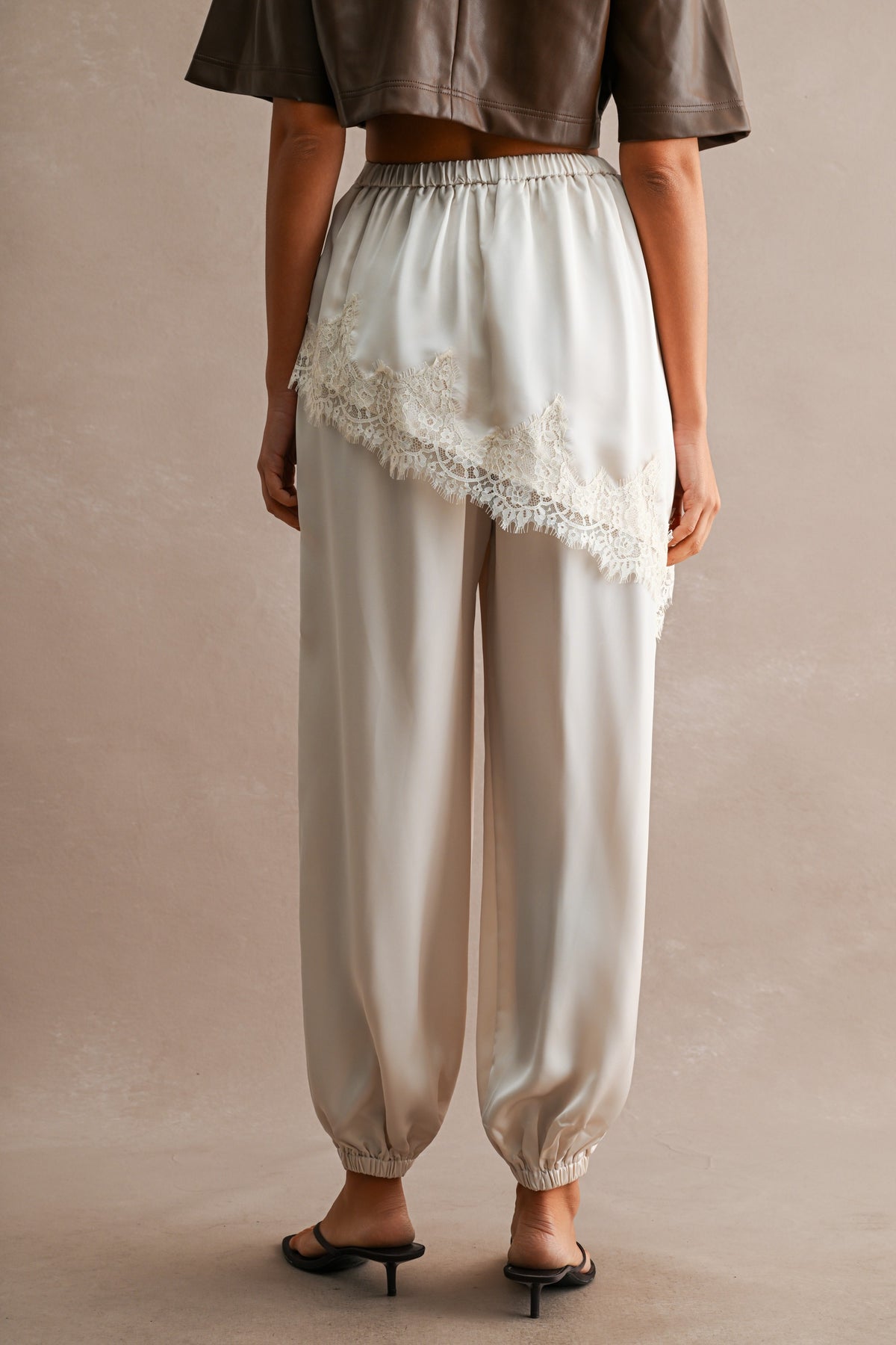 Satin Asymmetric Lace Trim Layered Jogger Pants