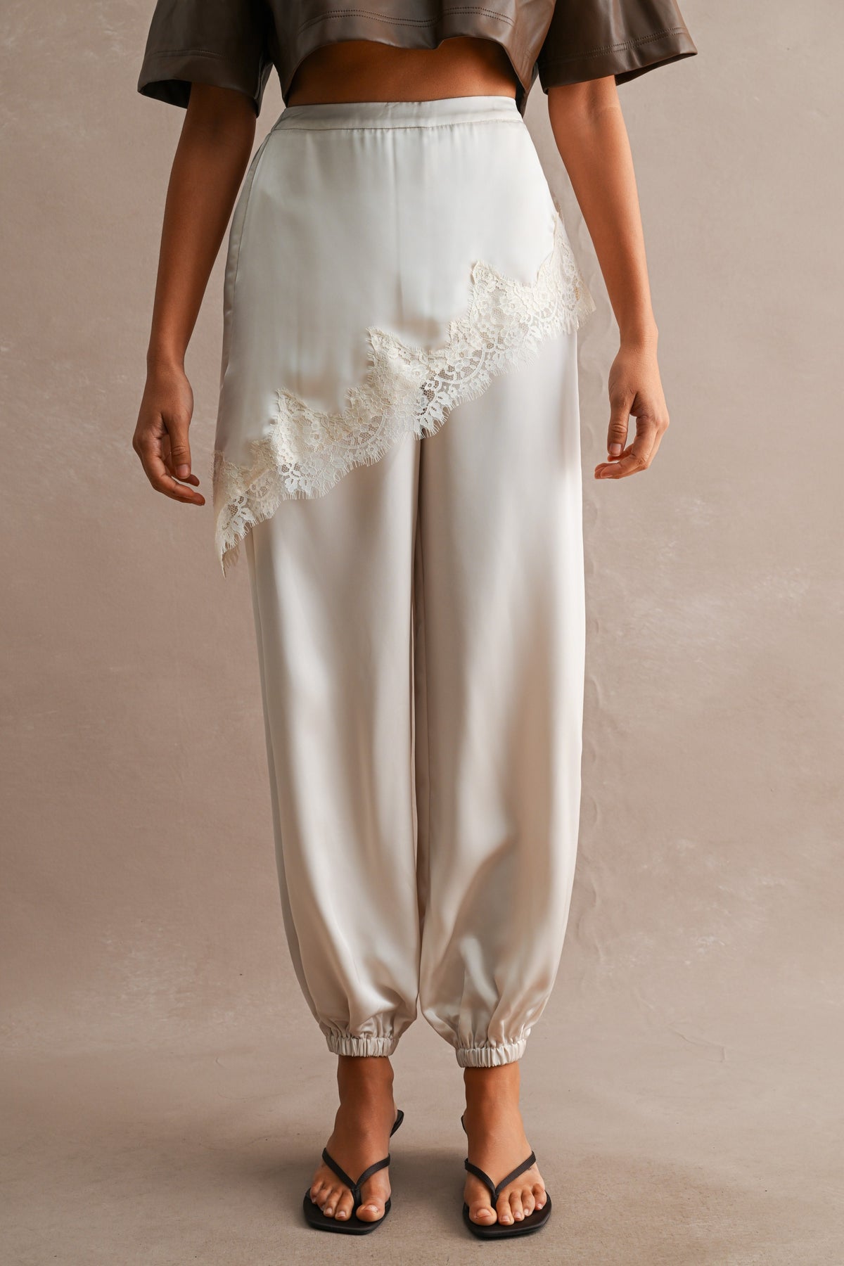 Satin Asymmetric Lace Trim Layered Jogger Pants