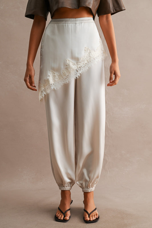 Satin Asymmetric Lace Trim Layered Jogger Pants