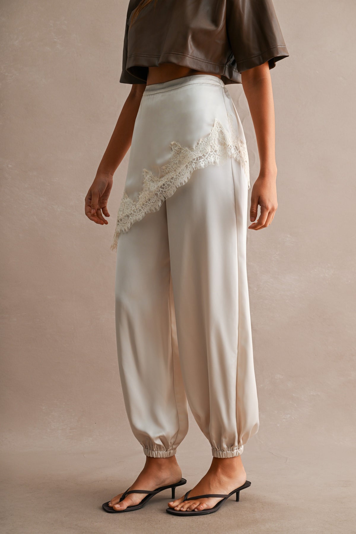 Satin Asymmetric Lace Trim Layered Jogger Pants