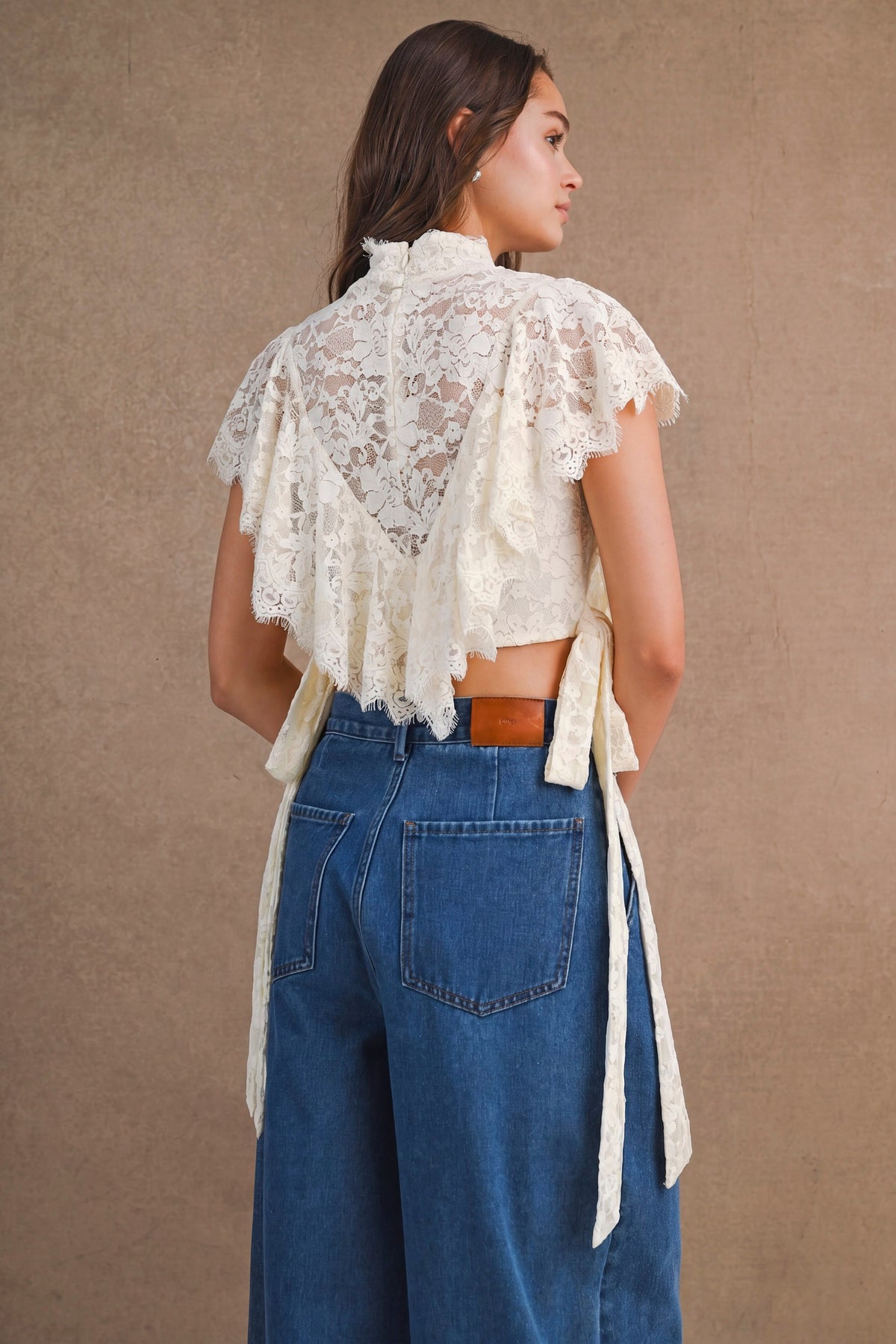 Sheer Floral Lace Mock Neck Layered Ruffles Cropped Blouse
